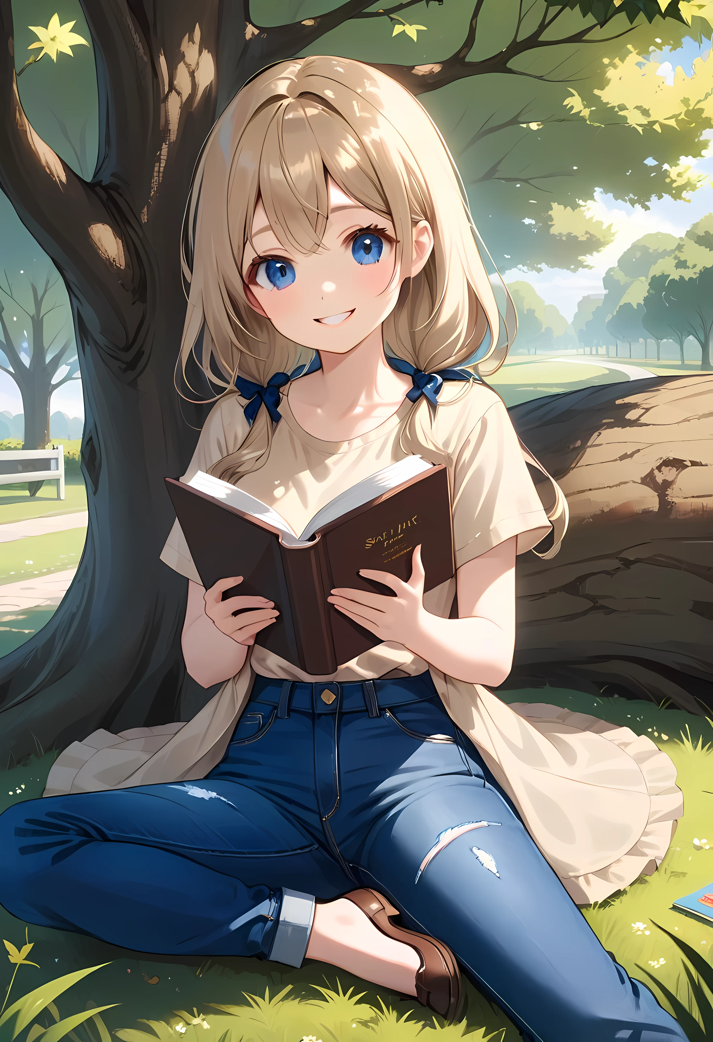 Mejor calidad, Obra maestra, buenas manos, manos perfectas,shinobu, sonrisa,pechos medianos, black cardigan, sitting under a tree, leyendo un libro, textura de piel detallada, (rubor:0.5), (piel de gallina:0.5), Subsoil Dispersion,cruzando la pierna,muslos medianos, pelo blanco