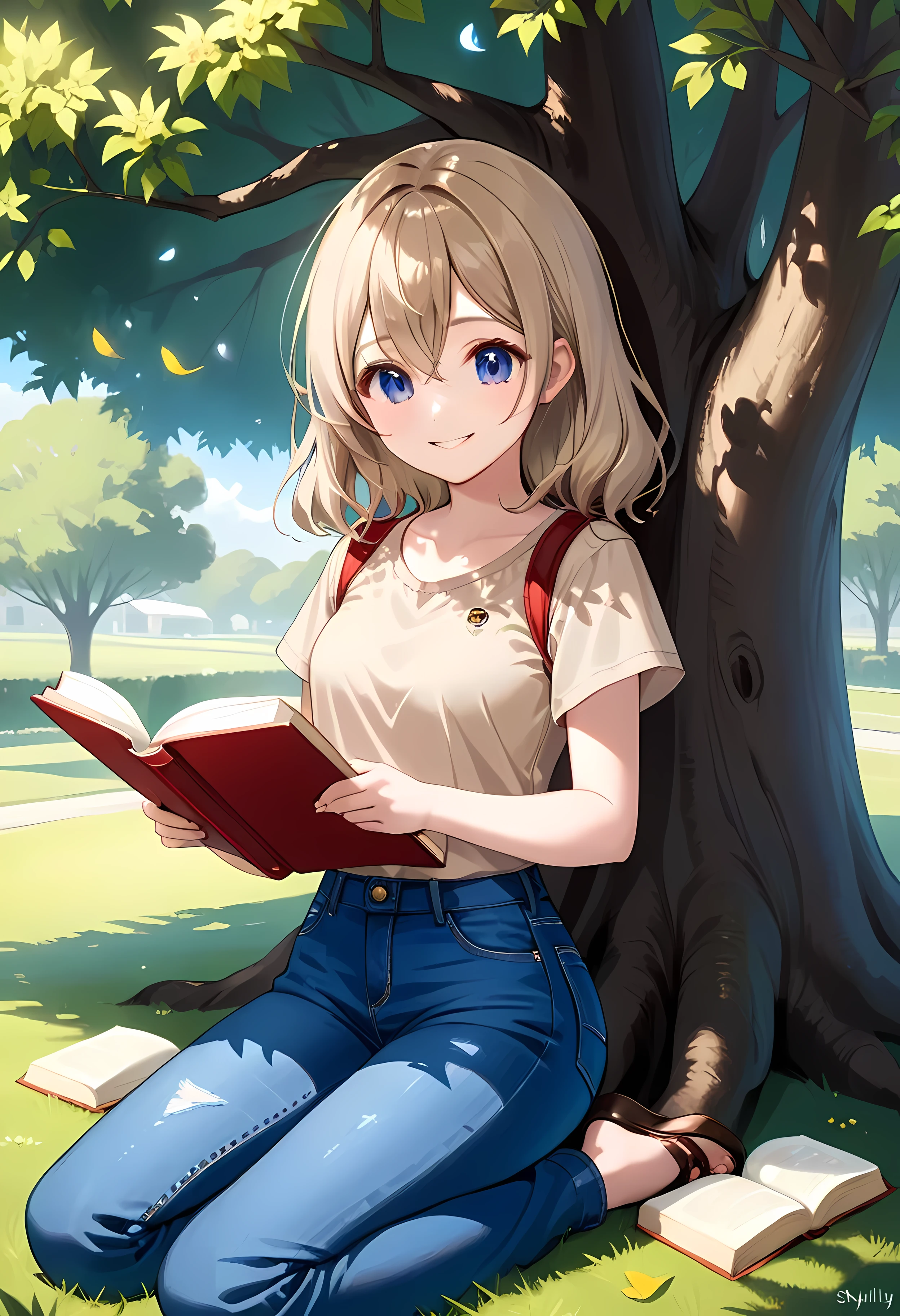 (shylily/(Twich/):1.5),(masterpiece:1.2),(best quality:1.2),, (1girl:1.3),best quality:1.2,ultra-detailed,portrait,blue denim jeans,beige top,smiling girl singing under a tree,reading a brown book-auto surreal
