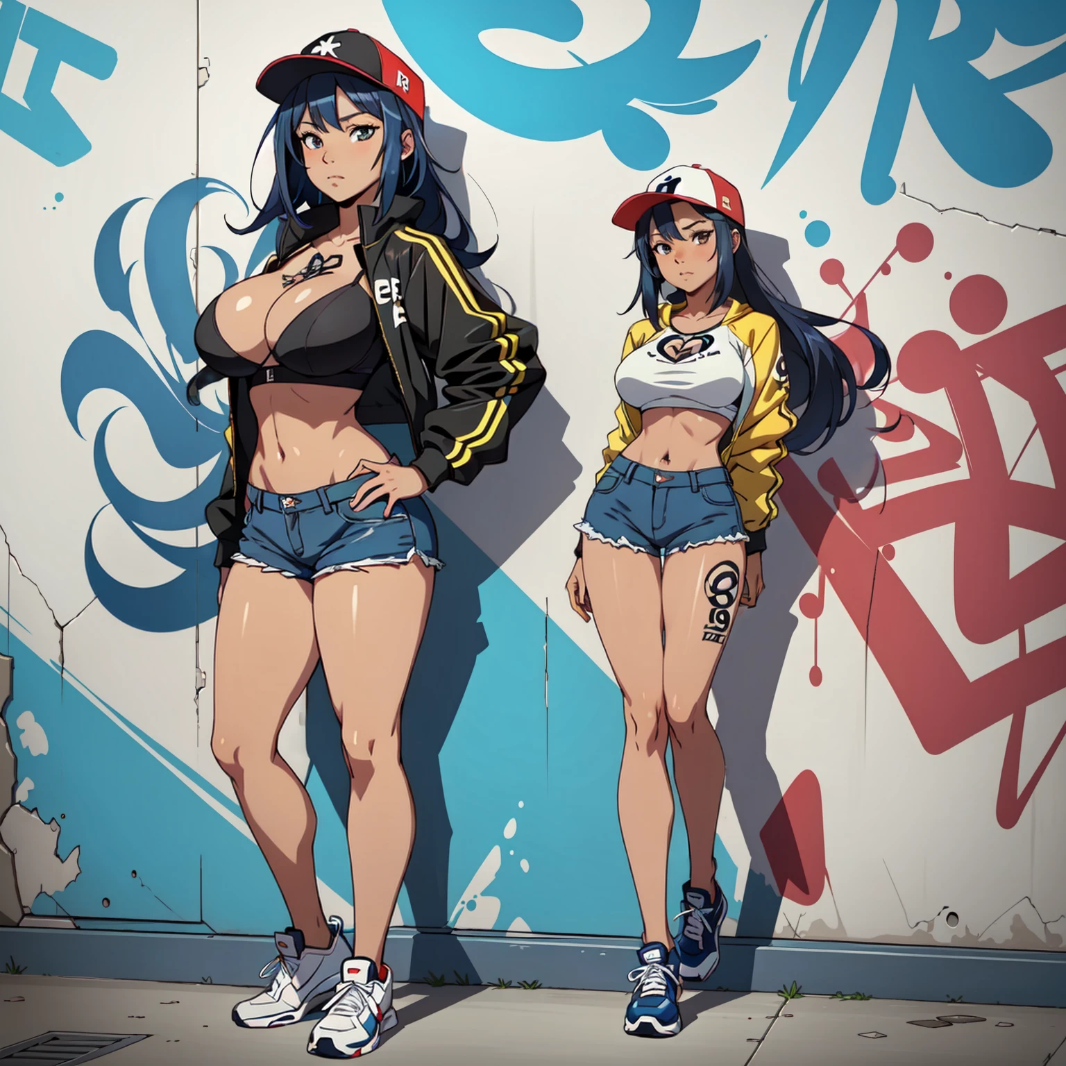 anime style, graffiti woman, graffiti on the wall, shorts against the wall, side cap, bright colors, good figure, good curves, highest quality tattoos, ultra detailed, tattooed breasts, 8K, full body