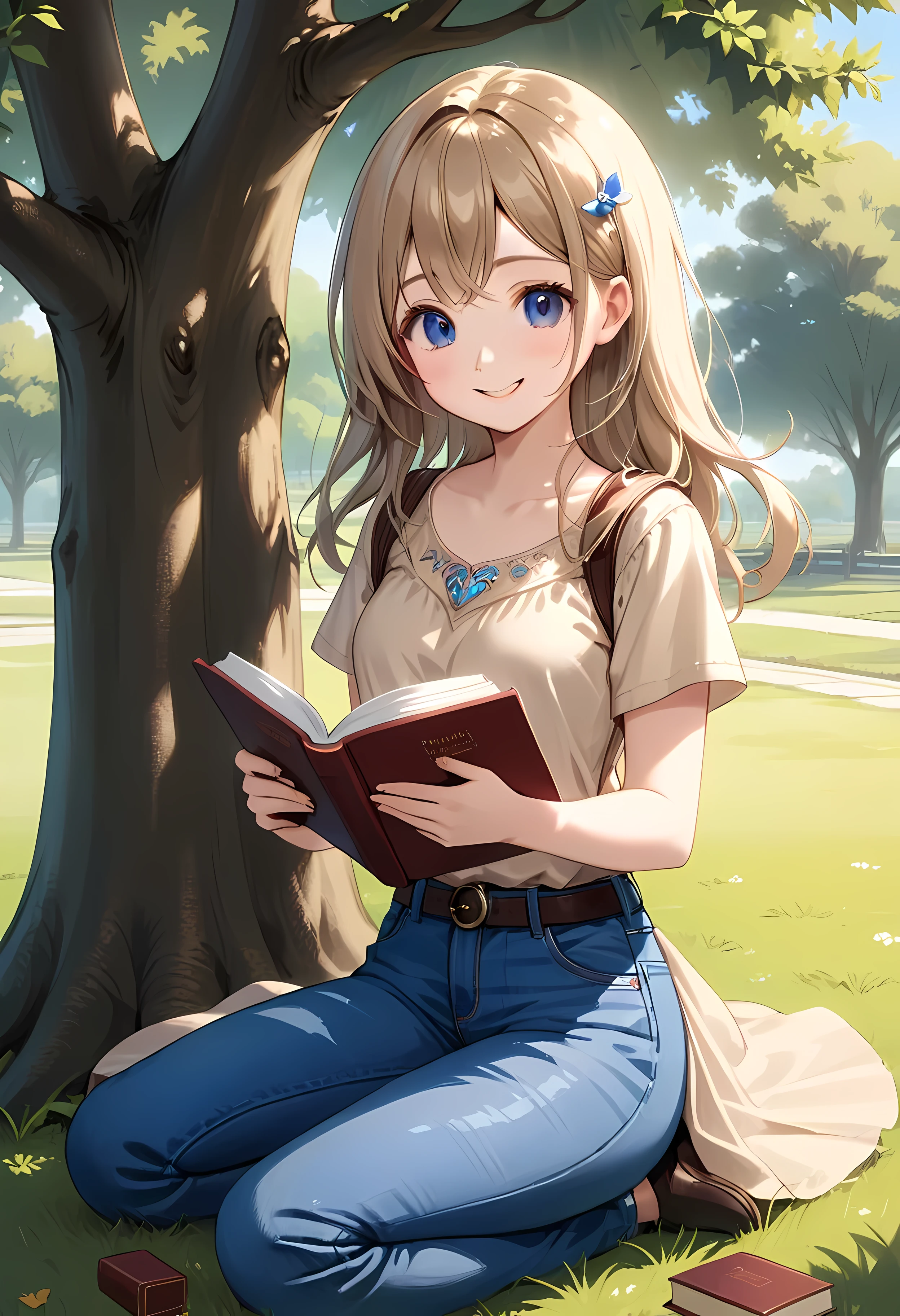 (shylily/(Twich/):1.5),(masterpiece:1.2),(best quality:1.2),, (1girl:1.3),best quality:1.2,ultra-detailed,portrait,blue denim jeans,beige top,smiling girl singing under a tree,reading a brown book-auto surreal