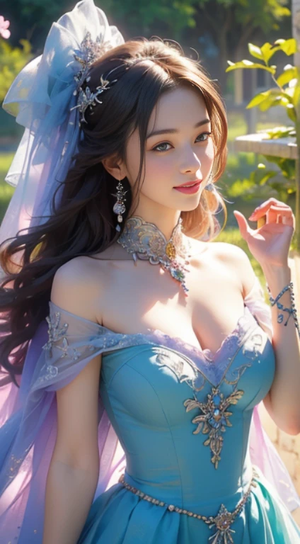 (highest quality,4K,8k,High resolution,masterpiece:1.2),Very detailed,(now,Realisticに,Realistic:1.37),girl in a luxurious blue dress,His eyes were sparkling with joy, Her lips were slightly curved,優しいsmileを見せる. The sun casts a warm golden light on her face, It enhances her beauty. The flowers are bright pink and purple、A wide range of soft pastel colors。, Create a harmonious and visually pleasing composition. Soft and diffuse lighting, Creates a fantastical and magical atmosphere. girl standing in the middle of the field, Please raise your arms a little, Enjoy the beauty of nature. A carefully balanced formula, girl'Off-center position, Create a sense of movement and vitality. The flowers are carefully painted in detail......, Each petal and leaf is carefully depicted.. girl'The skirt wraps her elegantly, Adds elegance and femininity to any occasion. All inclusive, Works that evoke happy feelings, Enshrine, Appreciation for the beauty of nature.smile