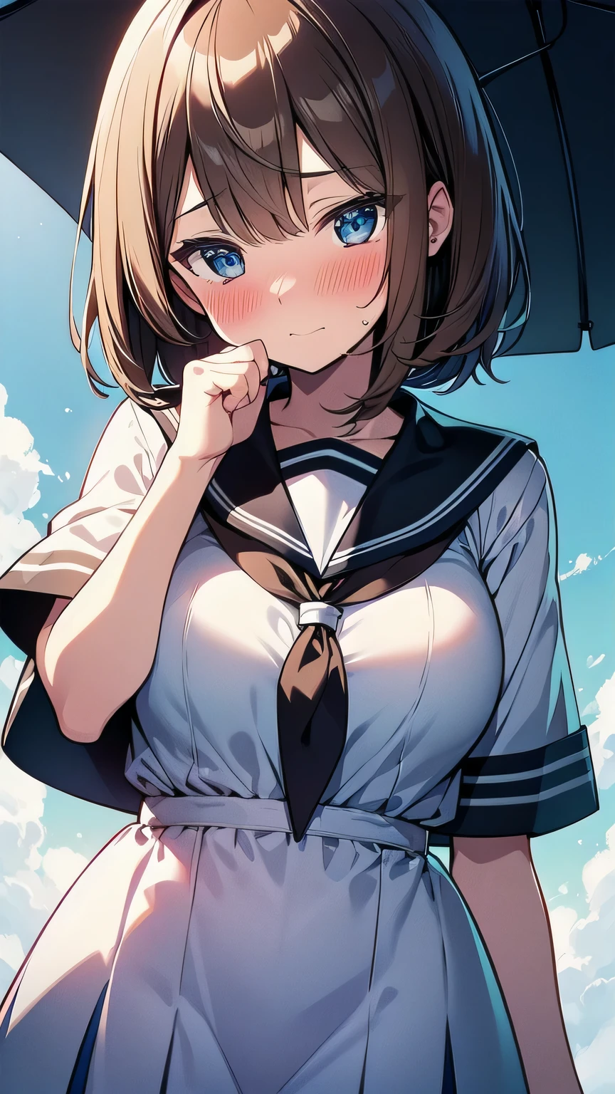 (best quality), (Super detailed), (Best Illustration), (1woman), (white serafuku), (large breasts), (embarrassed), blush, {brown hair, (bob cut:1.2), curly hair, hairs between eyes}, {(detailed eyes), twinkle(in the eyes), blue eyes},