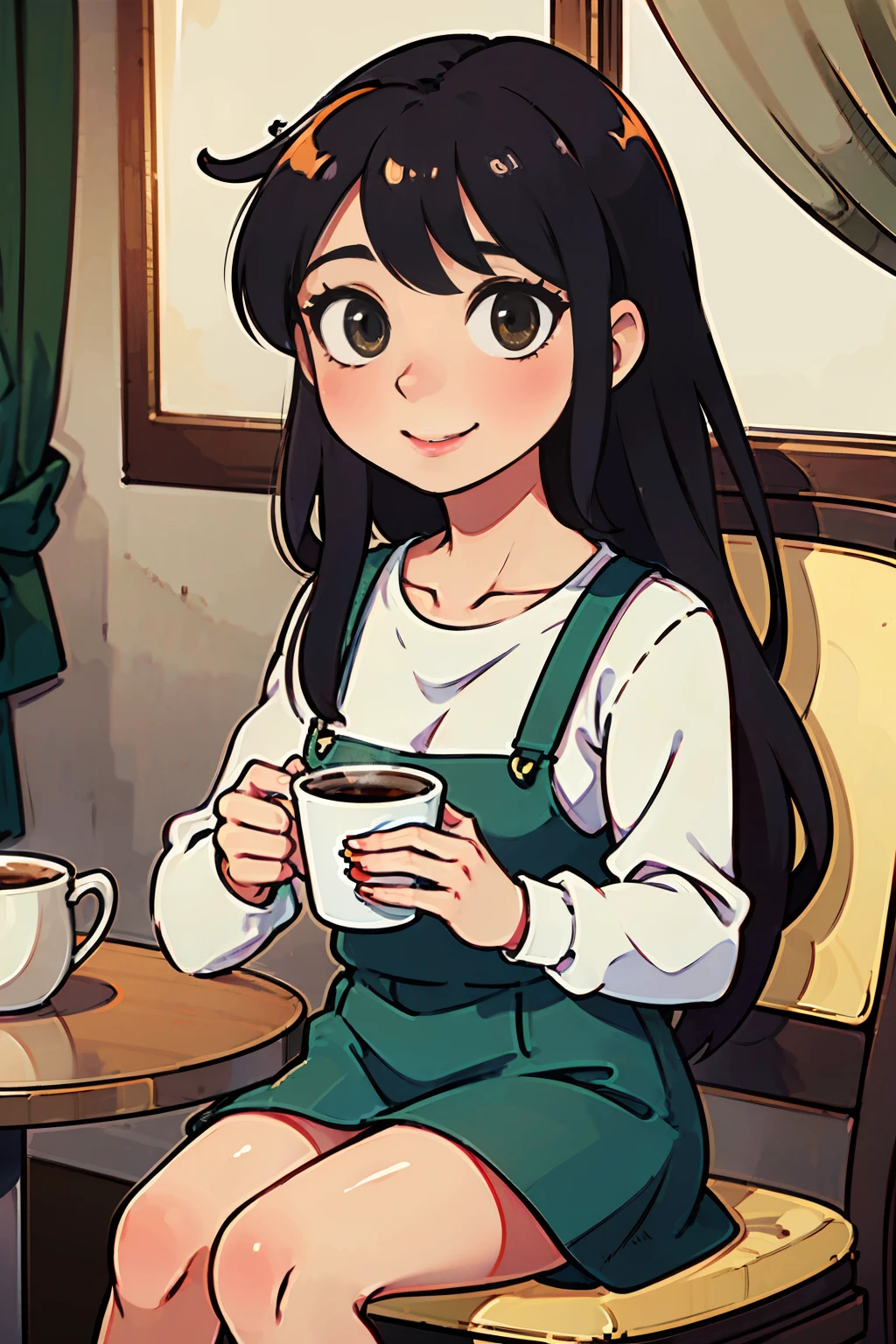 Desenhe uma garota em estilo 2D, em desenho animado, sitting in a comfortable chair, holding a cup of coffee with both hands. She is smiling softly and seems relaxed. Ao seu redor, there is a welcoming atmosphere, with a small table containing an additional cup of coffee, a plant in a pot and a window with open curtains letting in the soft morning light. THE BACKGROUND IS SIMPLE, with a plain wall or an unobtrusive wallpaper pattern. The main focus is on the calm expression and warm setting around the girl.