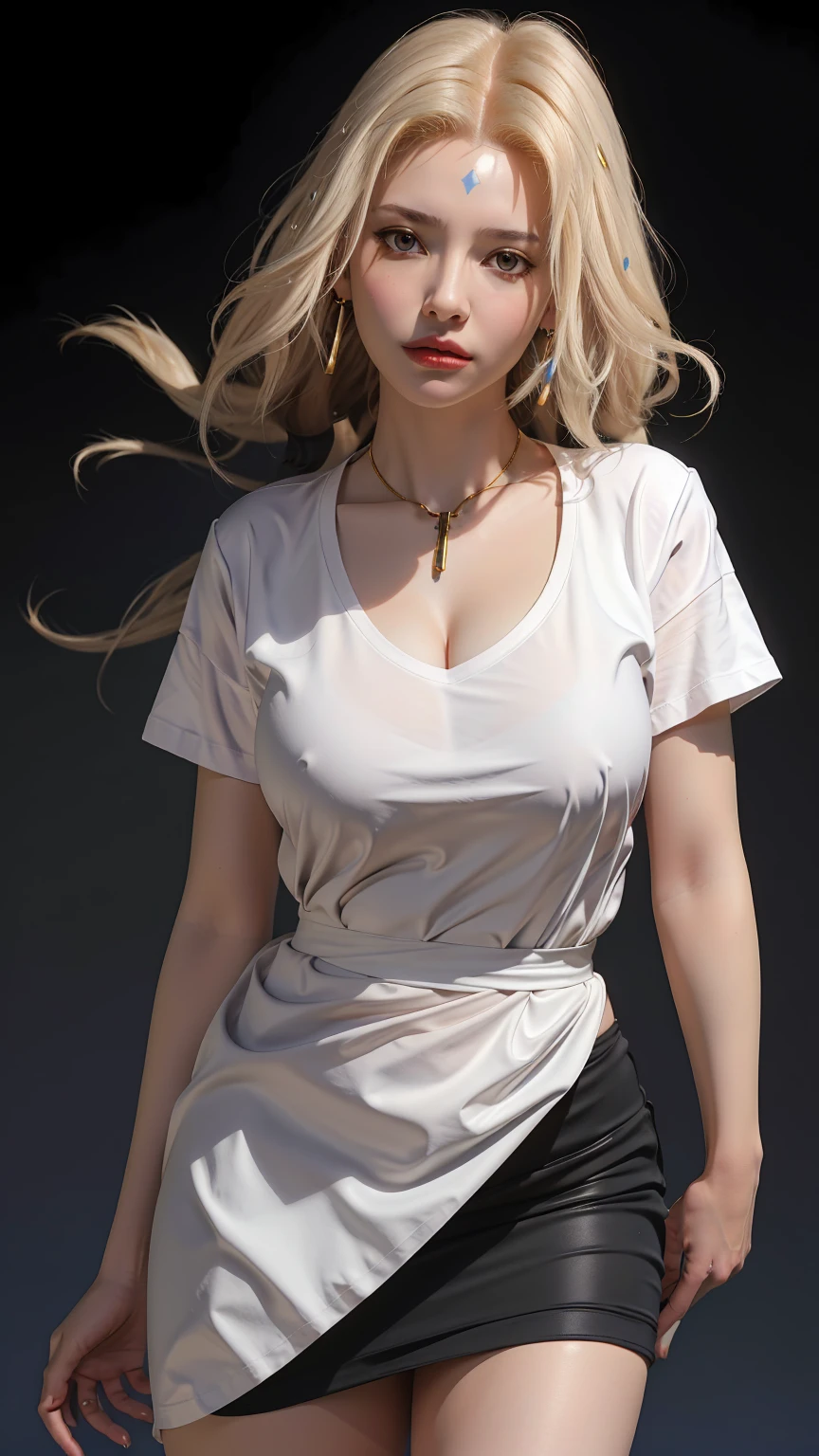 (best quality:1.5, high resolution, Ultra HD, 4K, Detailed lighting, Shaders), White curly flowers, Gradient hair, Large Breasts, Set, t-shirt, Social shirts, Short skirt, Mature woman , (View), White background, Colored eyeshadow, Dramatic Lighting, Bright Eyes, Emotional expression, Gold earrings, Flowing hair, Exquisite facial features, Dark Skin, High bone, city environment, black background, Don&#39;t look for the camera, Lean over,  Behind the camera