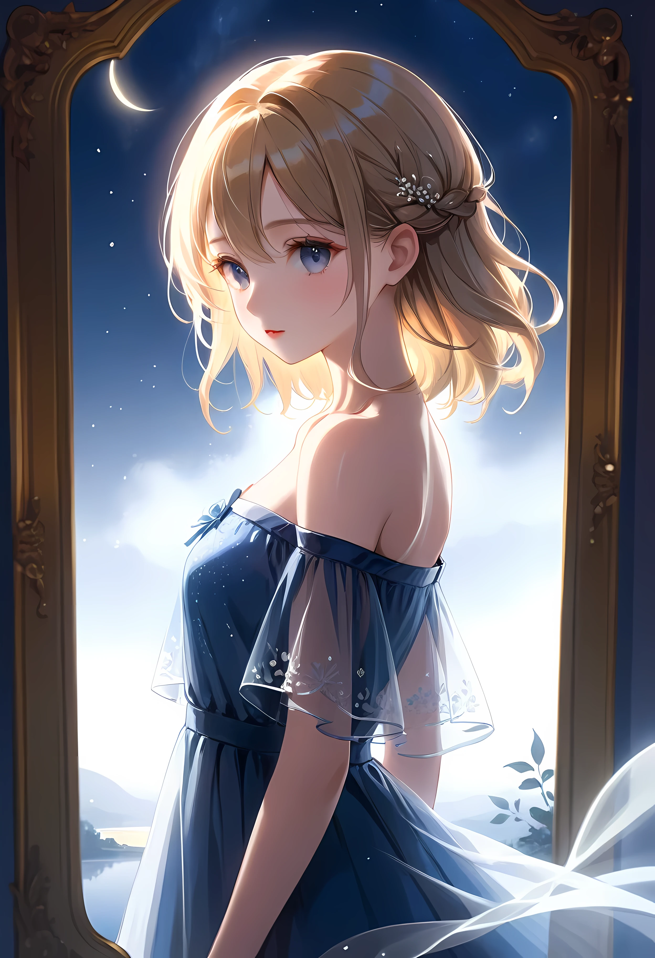 (shylily/(Twich/):1.5),(masterpiece:1.2),(best quality:1.2),, (1girl:1.3),(slender collarbone:1.1), (Elegant posture:1.3), hazy atmosphere, Hand-drawn style, Soft warm tones, Soft lighting effects, Mist, Mirror reflection, Quiet and peaceful scene, Charming night view, Beautiful dynamics。