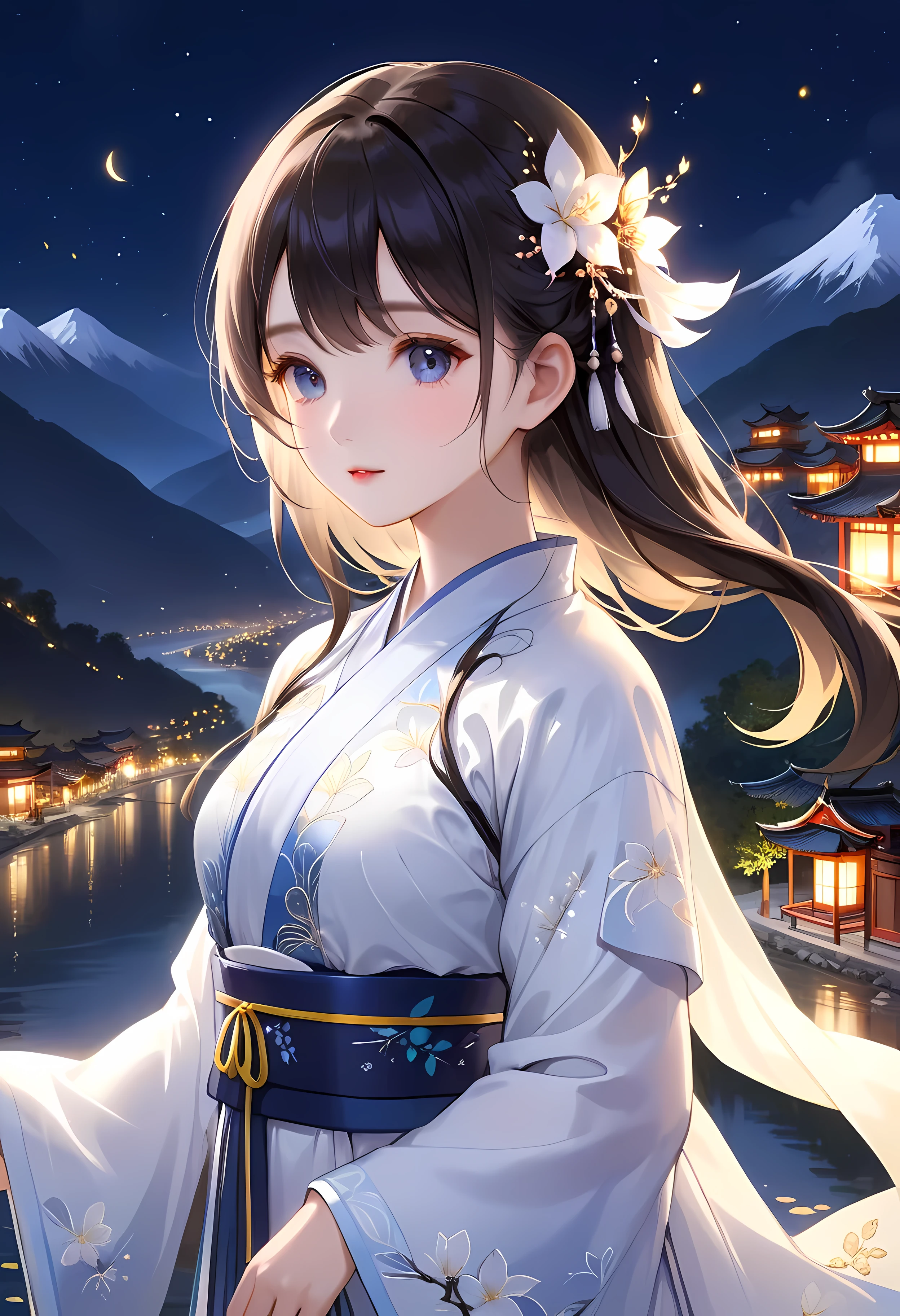 (shylily/(Twich/):1.5),(masterpiece:1.2),(best quality:1.2),, (1girl:1.3),best quality, masterpiece, high resolution,, 1 Girl, Delicate face, (Upper Body:1.6), Network City, Mountains and rivers, night, Firefly Lights, Practical, Rich in details, (White Hanfu:1.2), (Beautiful Body:1.4),