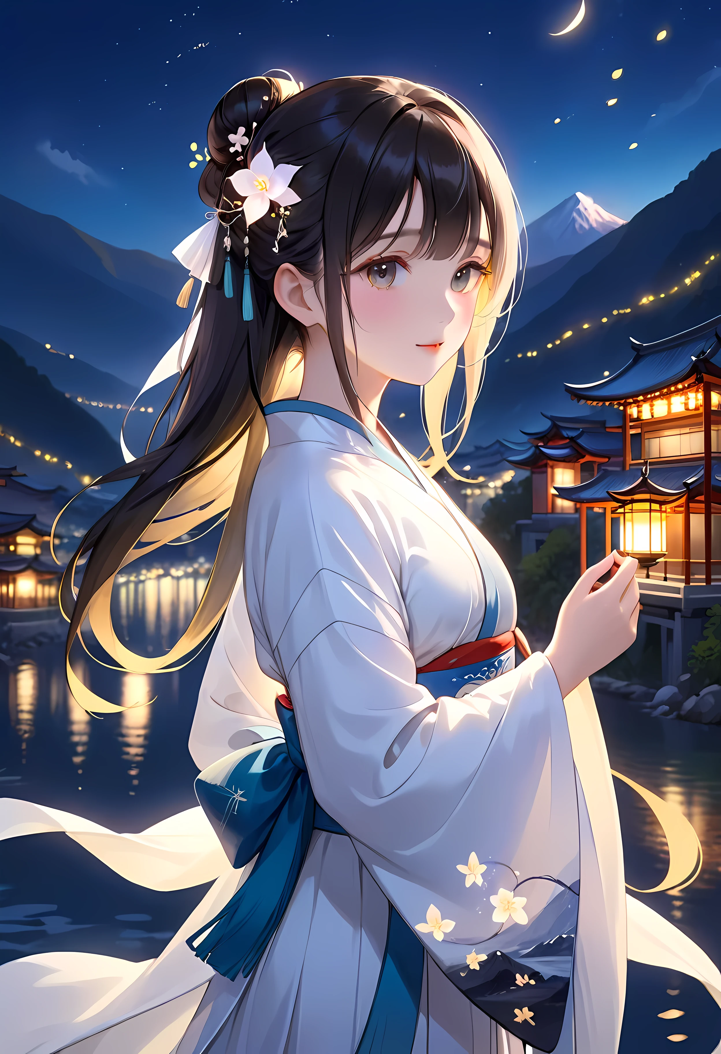 (shylily/(Twich/):1.5),(masterpiece:1.2),(best quality:1.2),, (1girl:1.3),best quality, masterpiece, high resolution,, 1 Girl, Delicate face, (Upper Body:1.6), Network City, Mountains and rivers, night, Firefly Lights, Practical, Rich in details, (White Hanfu:1.2), (Beautiful Body:1.4),