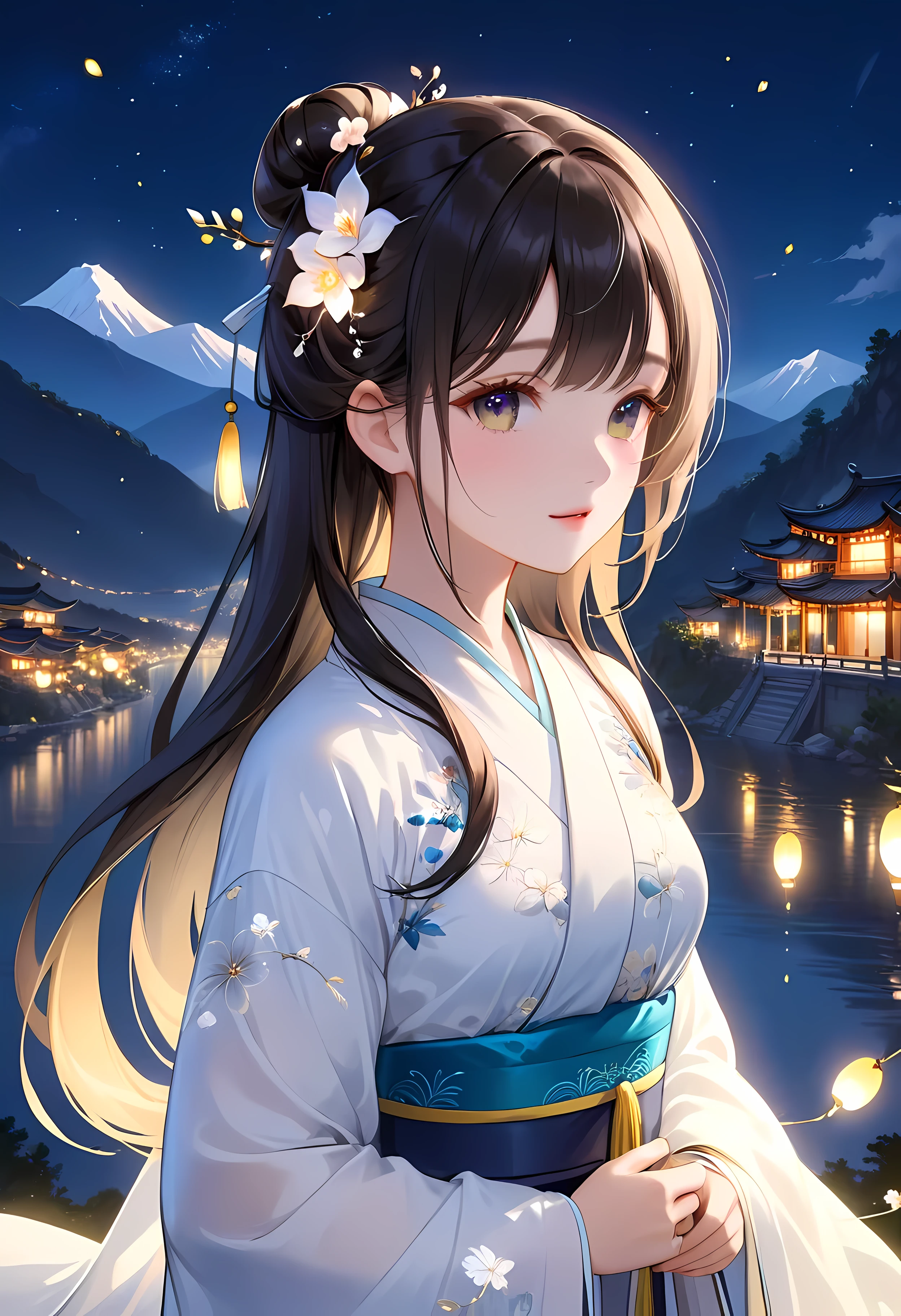 (shylily/(Twich/):1.5),(masterpiece:1.2),(best quality:1.2),, (1girl:1.3),best quality, masterpiece, high resolution,, 1 Girl, Delicate face, (Upper Body:1.6), Network City, Mountains and rivers, night, Firefly Lights, Practical, Rich in details, (White Hanfu:1.2), (Beautiful Body:1.4),