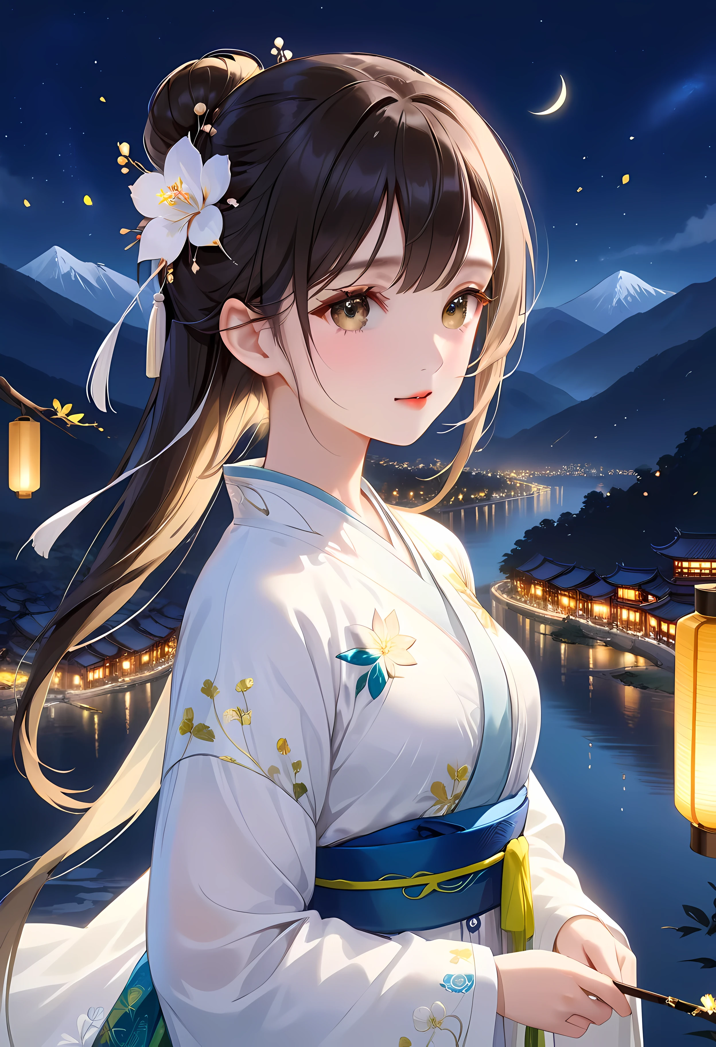 (shylily/(Twich/):1.5),(masterpiece:1.2),(best quality:1.2),, (1girl:1.3),best quality, masterpiece, high resolution,, 1 Girl, Delicate face, (Upper Body:1.6), Network City, Mountains and rivers, night, Firefly Lights, Practical, Rich in details, (White Hanfu:1.2), (Beautiful Body:1.4),