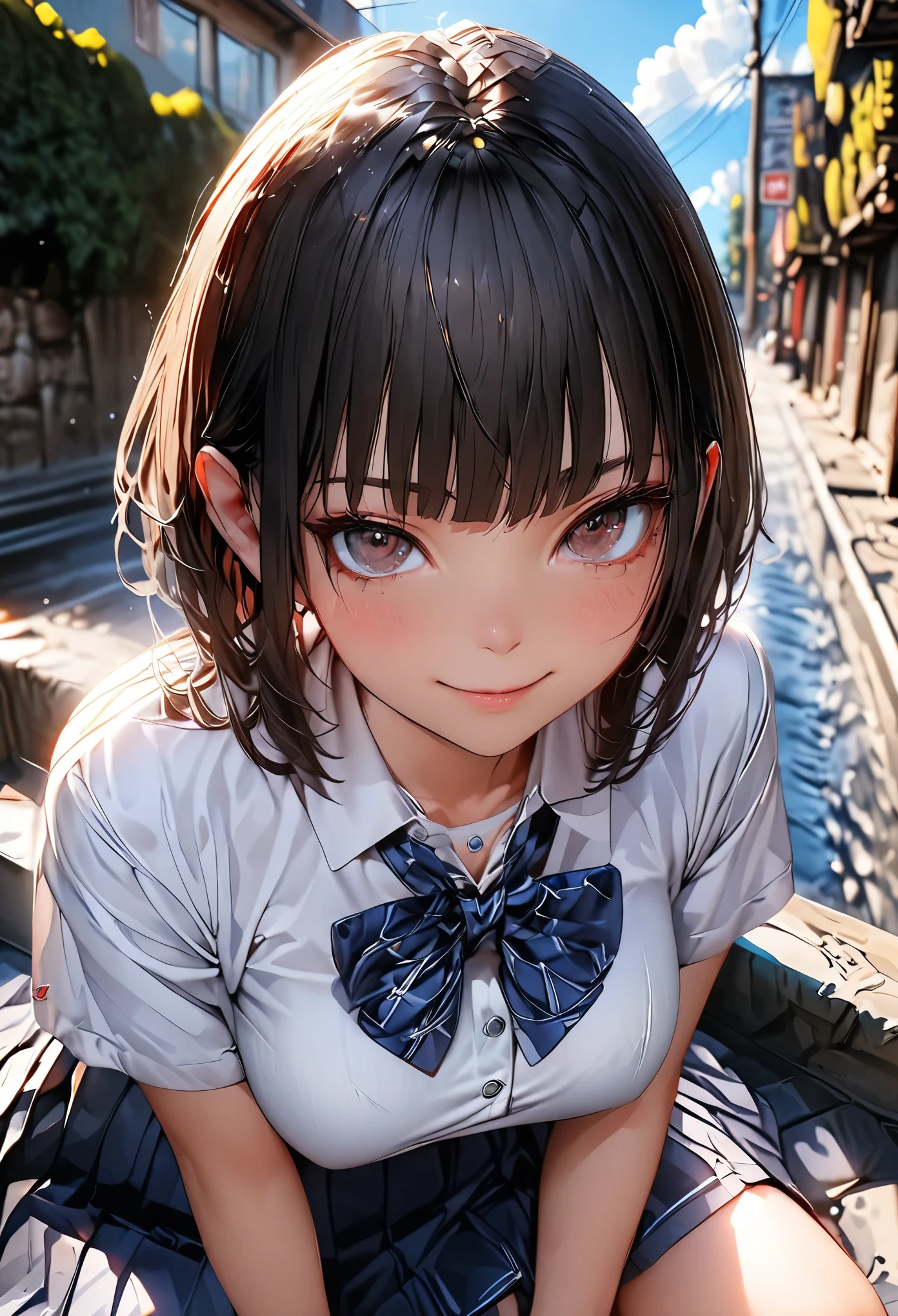 (masterpiece:1.3), (8k、Realistic, RAW Photos, highest quality:1.2), (alone), (1 girl), (cute:1.3), (Very beautiful 14 year old Japanese girl), Symmetrical perfect face, nice smile, Red cheeks, (Skin with attention to detail: 1.2), Photorealistic Anime Girl Rendering, Realistic anime 3D style, beautiful brown hair bob cut, Intense black eyes, Strong eye highlights, (Accurate and natural normal size breasts), Perfect Anatomy, messy hair, (Sailor suit), ((Navy colored white short sleeve shirt, Girls&#39; High School ,  navy pleated skirt, navy blue plaid bow tie)), (Luxury silk bra and panties), Accurate Arm, Five Fingers, Accurate legs, morning, (Beautiful Landscape Background), (Downtown), On the bench, get up, Volumetric lighting, Soft Light, bright, neon, bright色
