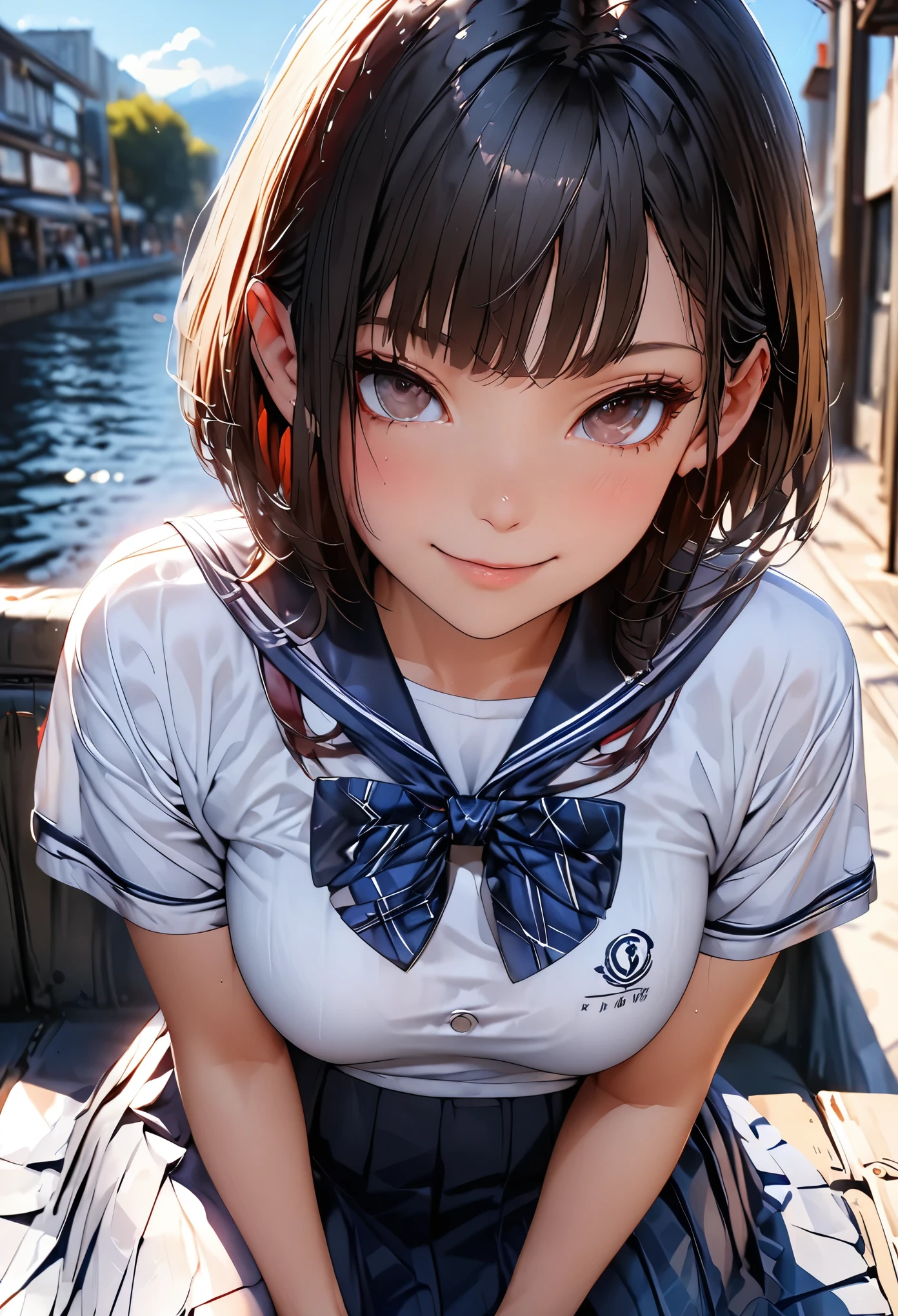(masterpiece:1.3), (8k、Realistic, RAW Photos, highest quality:1.2), (alone), (1 girl), (cute:1.3), (Very beautiful 14 year old Japanese girl), Symmetrical perfect face, nice smile, Red cheeks, (Skin with attention to detail: 1.2), Photorealistic Anime Girl Rendering, Realistic anime 3D style, beautiful brown hair bob cut, Intense black eyes, Strong eye highlights, (Accurate and natural normal size breasts), Perfect Anatomy, messy hair, (Sailor suit), ((Navy colored white short sleeve shirt, Girls&#39; High School ,  navy pleated skirt, navy blue plaid bow tie)), (Luxury silk bra and panties), Accurate Arm, Five Fingers, Accurate legs, morning, (Beautiful Landscape Background), (Downtown), On the bench, get up, Volumetric lighting, Soft Light, bright, neon, bright色
