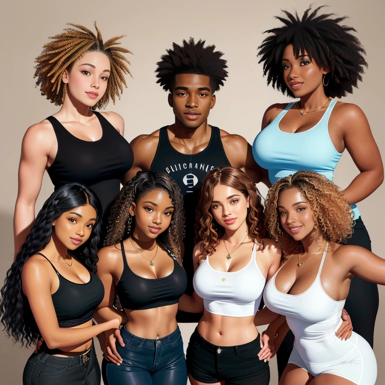 (A single muscular black man, wearing shorts, in-center of composition) A diverse group of five young Americans, representing different ethnicities and characteristics, wearing yoga-pants and tank-tops, displays their unique beauty with perfect bodies, large breasts, Among them, there are blonde girls with auburn hair, emanating an air of natural elegance. Brown girls with silky locks and a captivating sheen show off their exotic beauty. Also present are black girls with stunning curly hair, highlighting their authenticity and cultural pride, (the women surround a singular muscular BLACK MAN with short-hair, from all sides) the women kiss the singular Black Man, touch the singular Black man, masterpiece, high details, high quality, best quality.