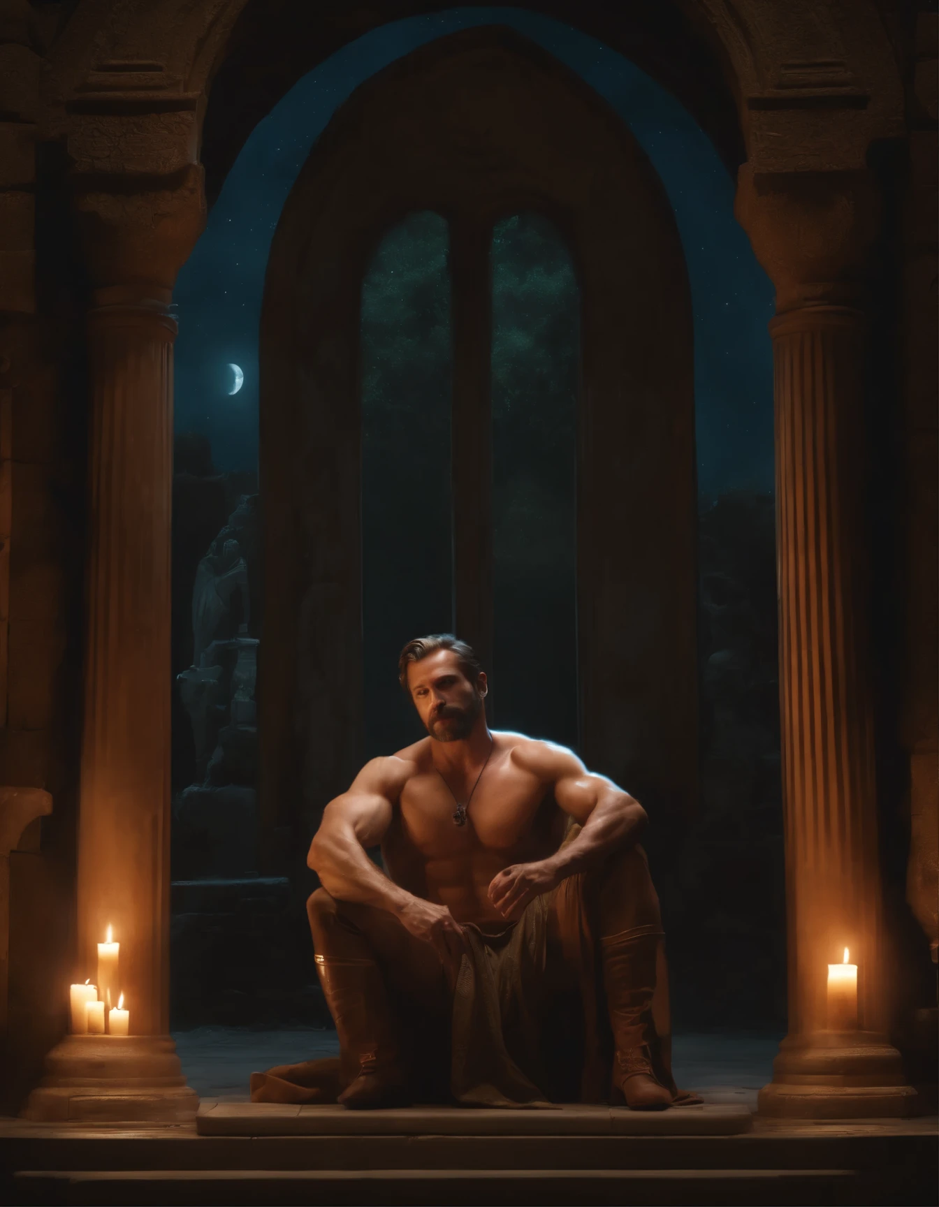 40 year handsome old elf, pale skin, blonde hair, abino skin, long straight hair, wearing elfin , sitting , mustache, piercing blue eyes, brown hair, pronounced brow ridge, strong jaw, high cheekbones, (complete body:1.5), sitting on a bed spreading his legs, very beefy muscles, bulging biceps, bulging triceps, bulging pectorals, bulging quads, bulging trapezoids, wide shoulders, bulging calves, bulging forearms, hairy, (giant:1.5), tall, solo person. Art deco masterpiece, alpha male, at night, skull, nightmare, fire, intricately detailed, sharp focus, extremely detailed, dark fantasy, glowing, colorful painting, rich color, HDR, octane render, digital illustration, cinematic light, sitting on the throne, Explore the beauty of a moonlit cemetery, with weathered tombstones, crypts, and the feeling that the spirits of the departed may not be at rest