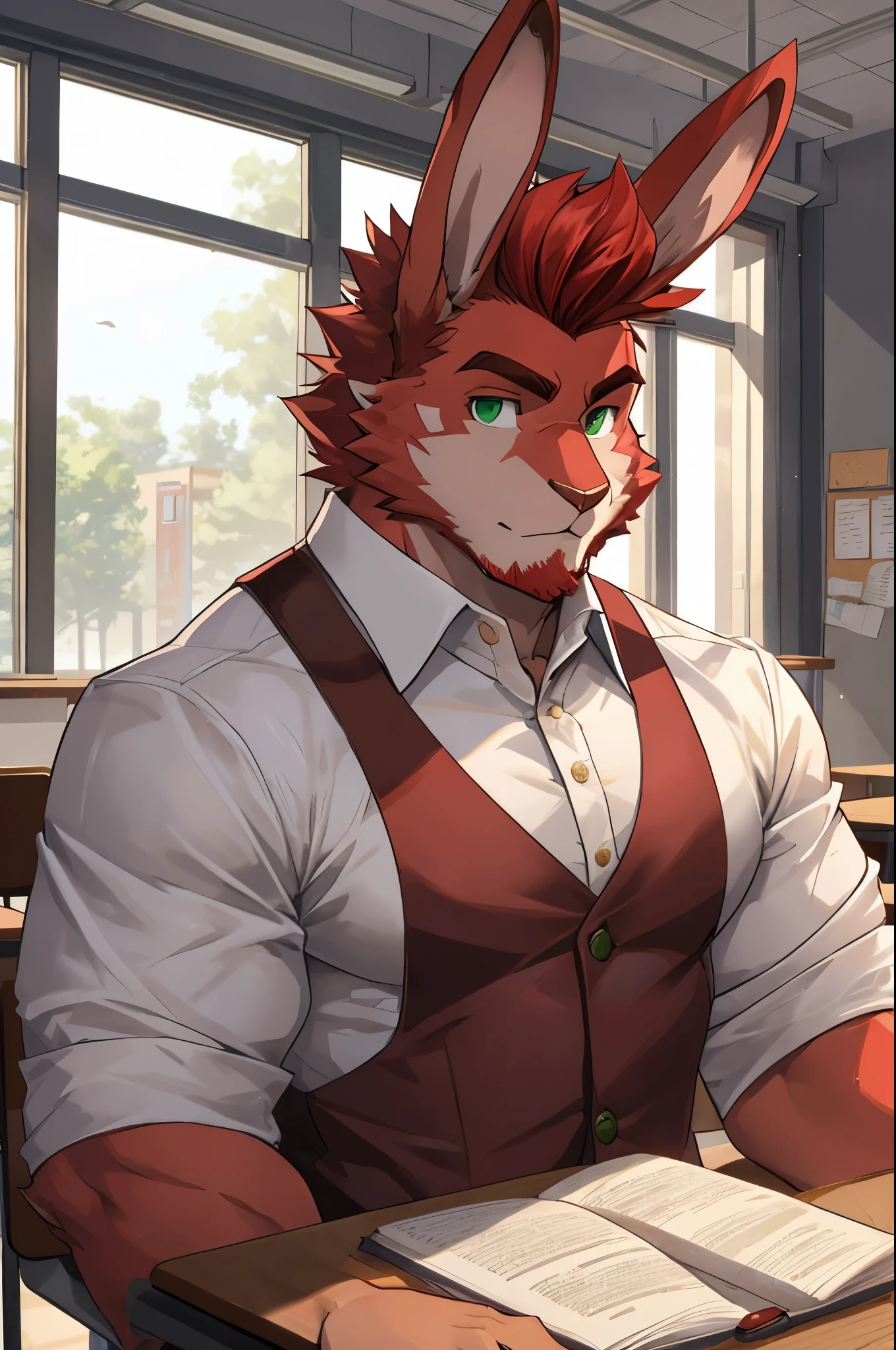 perfect face, bara furry, rabbit man, big body, cardinal skin, short quiff red hair, green eyes, perfect eyes, big rabbit ears, handsome, at school