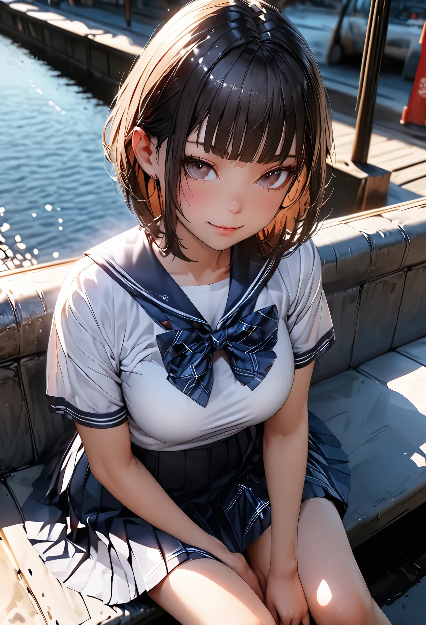 schoolgirl, Brown hair, Medium hair, Sailor suit, (Naked:1.1), Nipples (Blushing:1.0), Detailed face, Roadside, POV crouching,Expose the inside of your legs