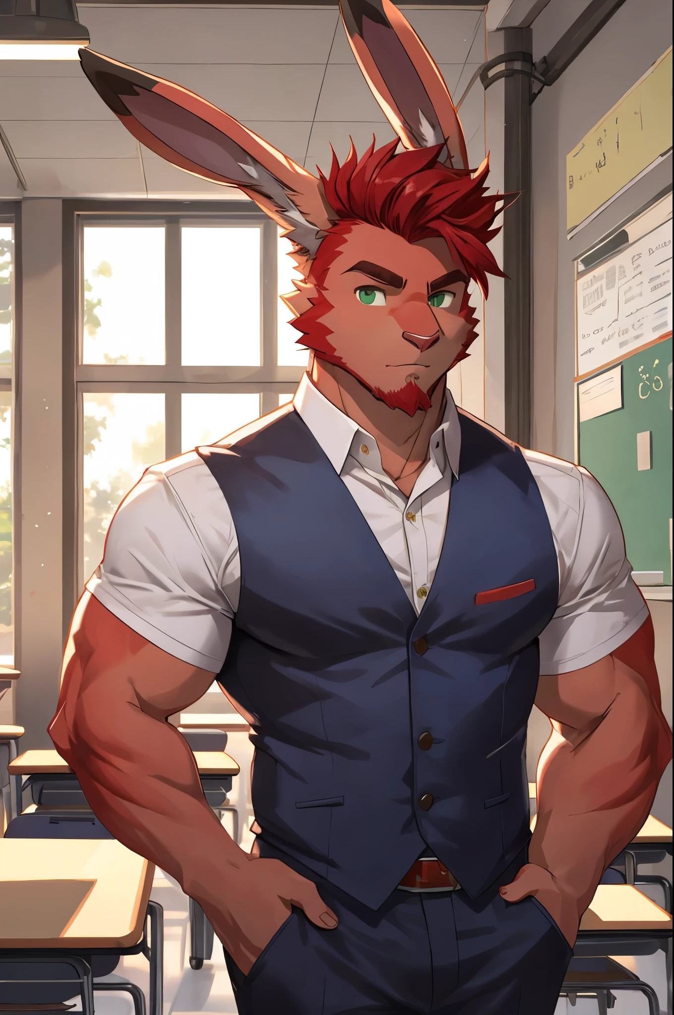 perfect face, bara furry, rabbit man, big body, cardinal skin, short quiff red hair, green eyes, perfect eyes, big rabbit ears, handsome, at school