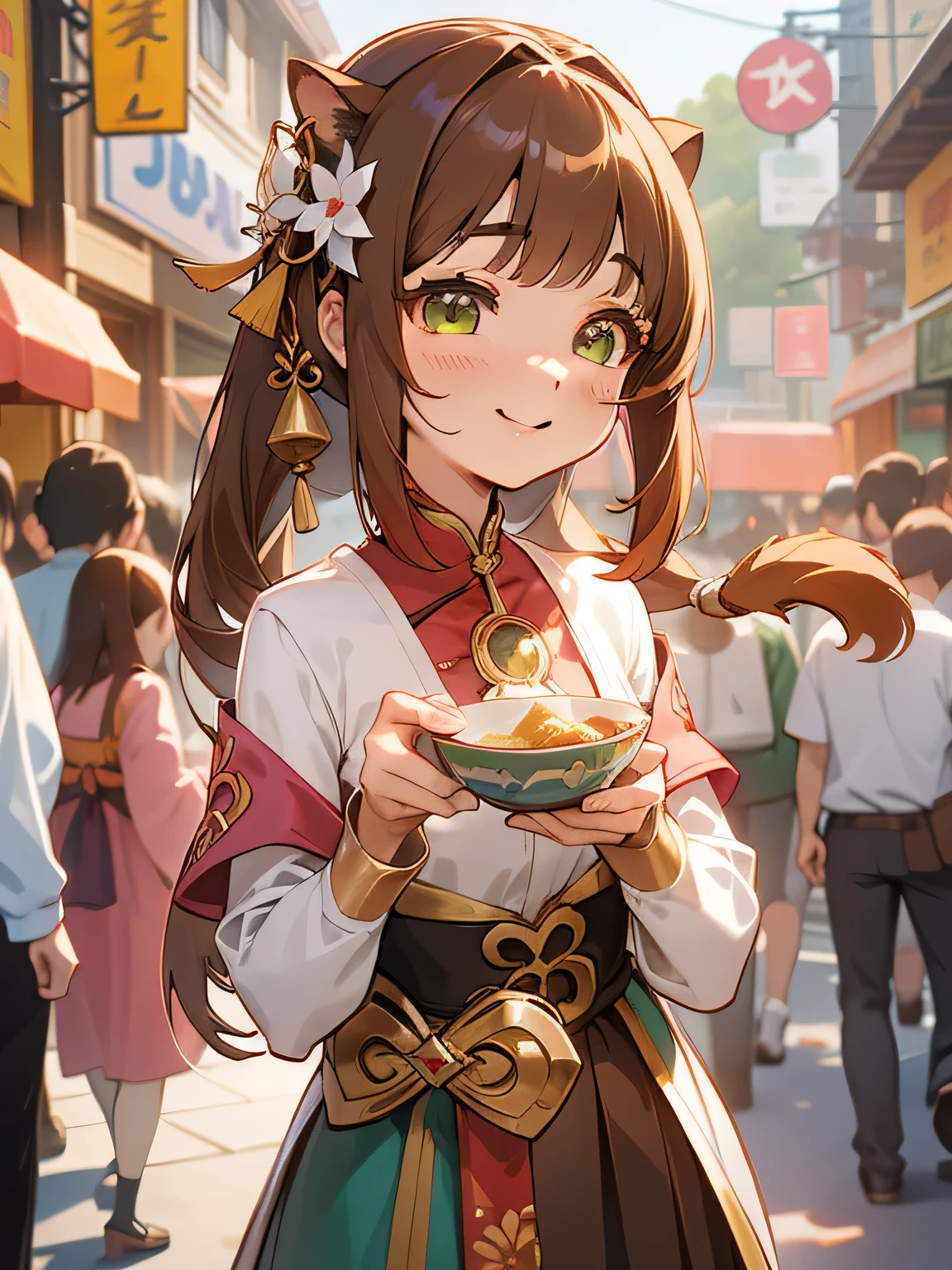 a woman in a traditional dress holding a bowl in a crowded street, anime thai girl, anime visual of a cute girl, detailed digital anime art, trending on artstation pixiv, cute anime waifu in a nice dress, anime style 4 k, cute detailed digital art, ayaka genshin impact, digital anime illustration, kawacy, extremely detailed artgerm, fuul body, with squirrel ears, wearing black shoes and long brown trousers, wearing a squirrel tail, brown nut hair, green eyes, smile face,