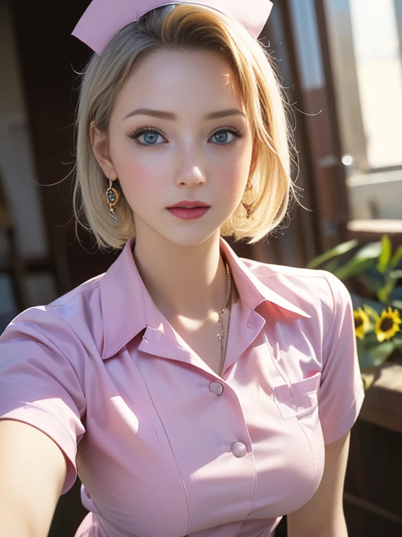 Create for me a blonde woman with short blonde hair, light brown eyes, 25 years old, serious and attractive, who works as an executive, has full and attractive lips with soft light pink lipstick, sitting reading a book with apprehension, noticing every detail of the words , she is wearing a red blouse and light blue shorts