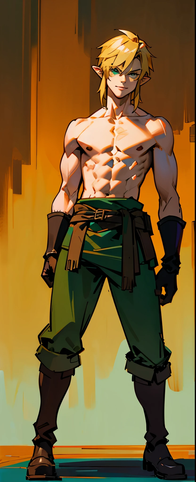 blond, tall, green-eyed guy, viking style, russian hero style, strong,  anime style, anime  , link, ( short gloves), standing, (topless:1.3), demigod , (muscular:0.5)(from above:0.1),(sport:0.2), (empty dojo),(smiling:0.2), (dominant),(evil:0.6)(confident)(sadistic)(adult:1.5)(masculine:1.2)(slender:0.2)(from below:0.3)(powerful)(looking at viewer)(pants)(raised eyebrows:0.2)