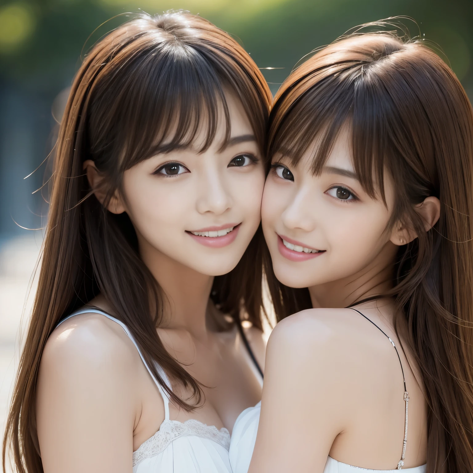 (2girl:1.3), gorgeous beautiful & elegant, (beautiful portrait of two women:1.25), (best quality, masterpiece:1.2), (photorealistic:1.2), 16K, absurdres, beautiful eyes, (light brown hair, asymmetrical hair, asymmetrical bangs, messy hair), full round face, (hug each other:1.2), (seductive smile:1.2), (dynamic lighting), (upper body), highly detailed, (close-up:1.1), Attractive 2 Japanese woman Pictures, 