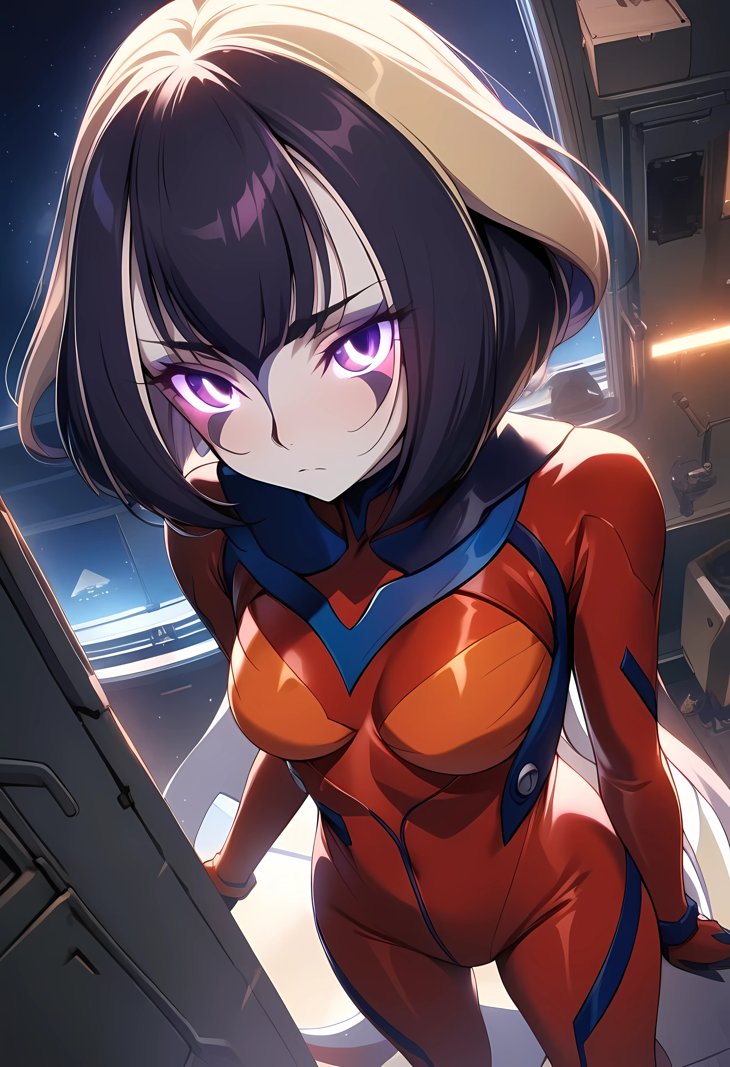 (shylily/(Twich/):1.5),(masterpiece:1.2),(best quality:1.2),, (1girl:1.3),(Overhead view),dynamic angle,ultra-detailed, illustration, close-up, straight on, 1girl, , souryuu asuka langley, interface headset, red bodysuit:1.4, blonde)),Her eyes shone like dreamy stars,(glowing eyes:1.233),(beautiful and detailed eyes:1.1),(expressionless,closed mouth),(standing), (mechanic room with toolsand spaceship windowin a white SPACESHIP),(night:1.2),dreamy, [[delicate fingers and hands:0.55]::0.85],(detail fingers),