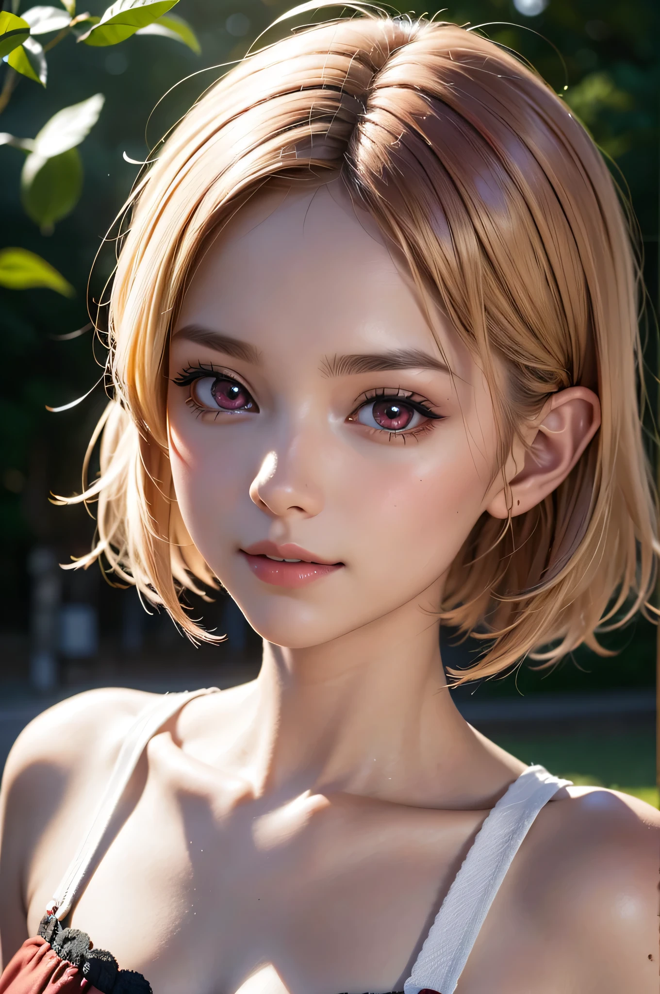 absurdres, (8k, RAW photo, best quality), masterpiece, hyper detailed, perfection, best quality, photo-realistic, (((1girl:1.2, blond girl))), (((solo:1.2))), elf, elf ears, (((shortcut hair))), (((burgundy hair ends))),  (((scarlet red eyes))), (slanted red eyes, tsurime), blond eyebrows, (portrait:1.34), face shot, full-length:1.5, (((fashion model pose))), at schoolyard, daylight, amazing shadow, close-up, (evil smile), (((face close-up)))