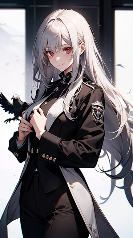 (Confused, High resolution, Very detailed), 1 female, Silver Hair,Long Hair,Crow,後ろを飛ぶCrow,Carry on your shoulders,Reddish brown eyes,black pilot jacket,Black and white suit,20th Generation,Beautiful woman,A shy smile,thin,Are thin,quiet,Calm,Carrying a white Crow,Accompanied by many white Crows,