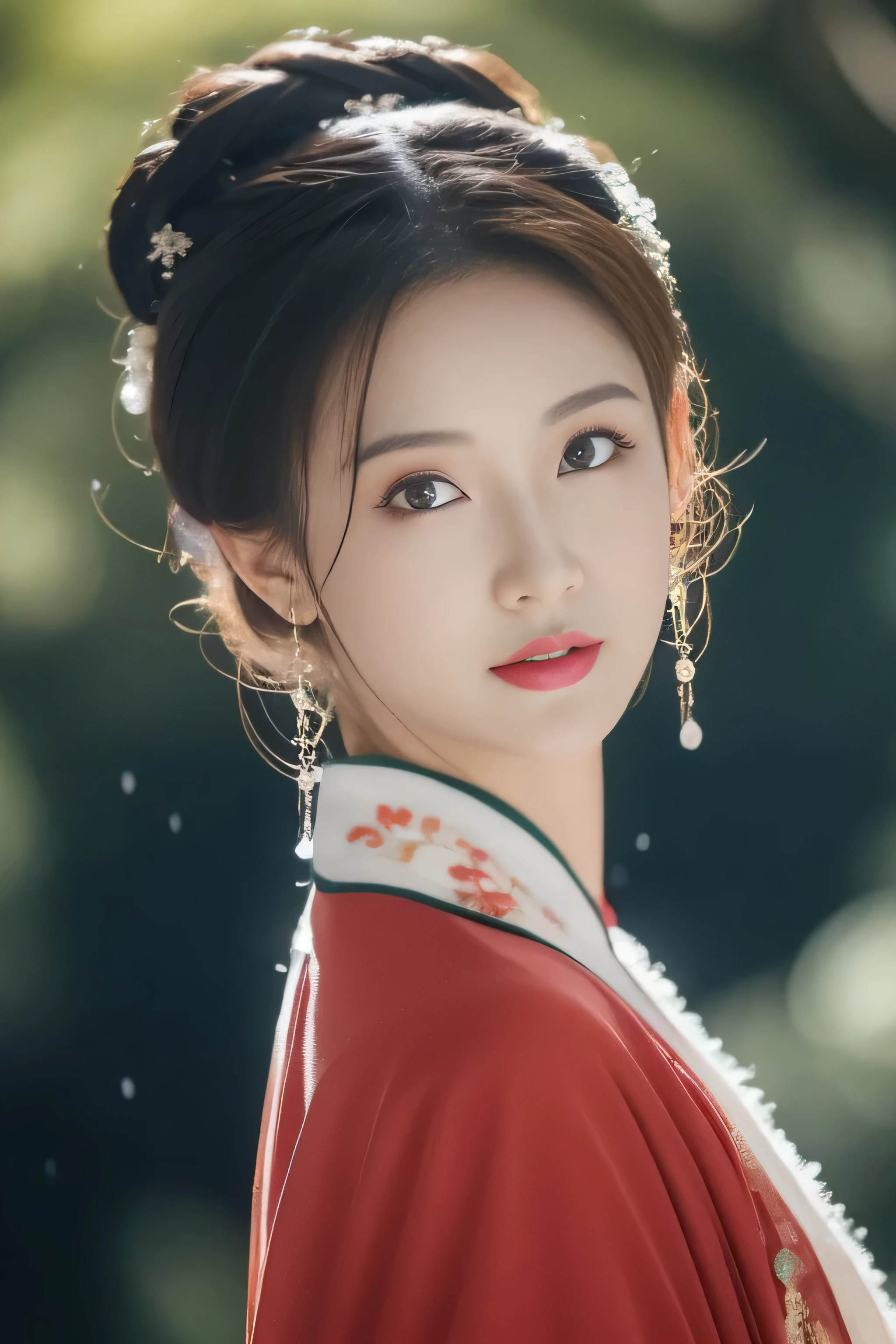 Snowing day, Hanfu women, (Red Hanfu), Upper body portrait, hairpin, Hair Bun, Green Trees, Clear skies, Overhanging part of bridge, dream, Bouguereau reports, Popular on artstationh, Exquisite facial features style, close-up photo style, 8k, HD, upscale, Practical significance, First-person perspective, Positive face，Looking at the audience，flash,