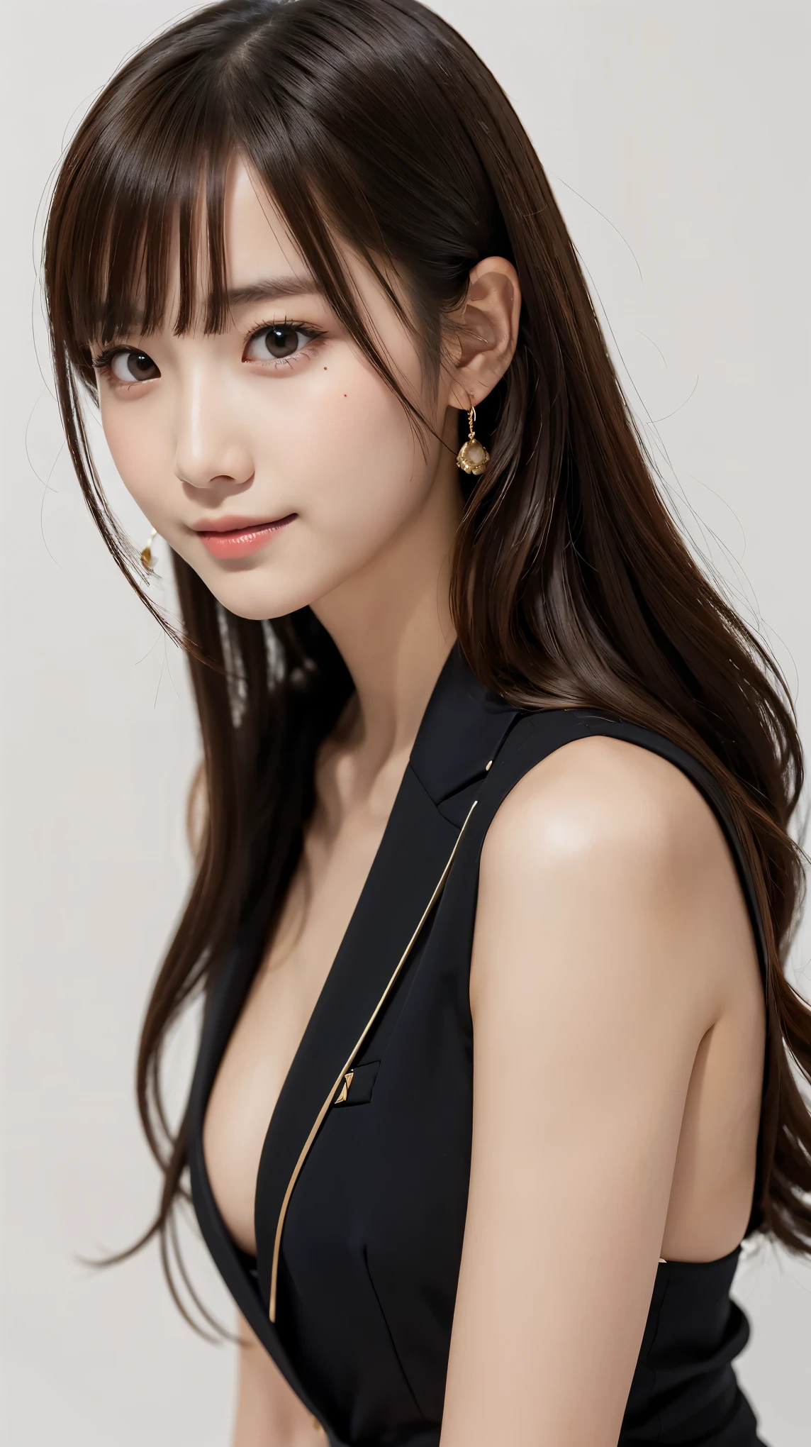 anna_girl, japanese_girl, 18 year old girl, (((black business suit)), from below)), realistic photo, Highly detailed face and skin texture, natural neck length, (Dark brown hair, wavy hair, high ponytail hair:1.2), standard body, ((small breasts)), symmetric clear eyes, cute eyes, happy smile, BREAK, 
((simple white background:1.4)), full-body shot, standing