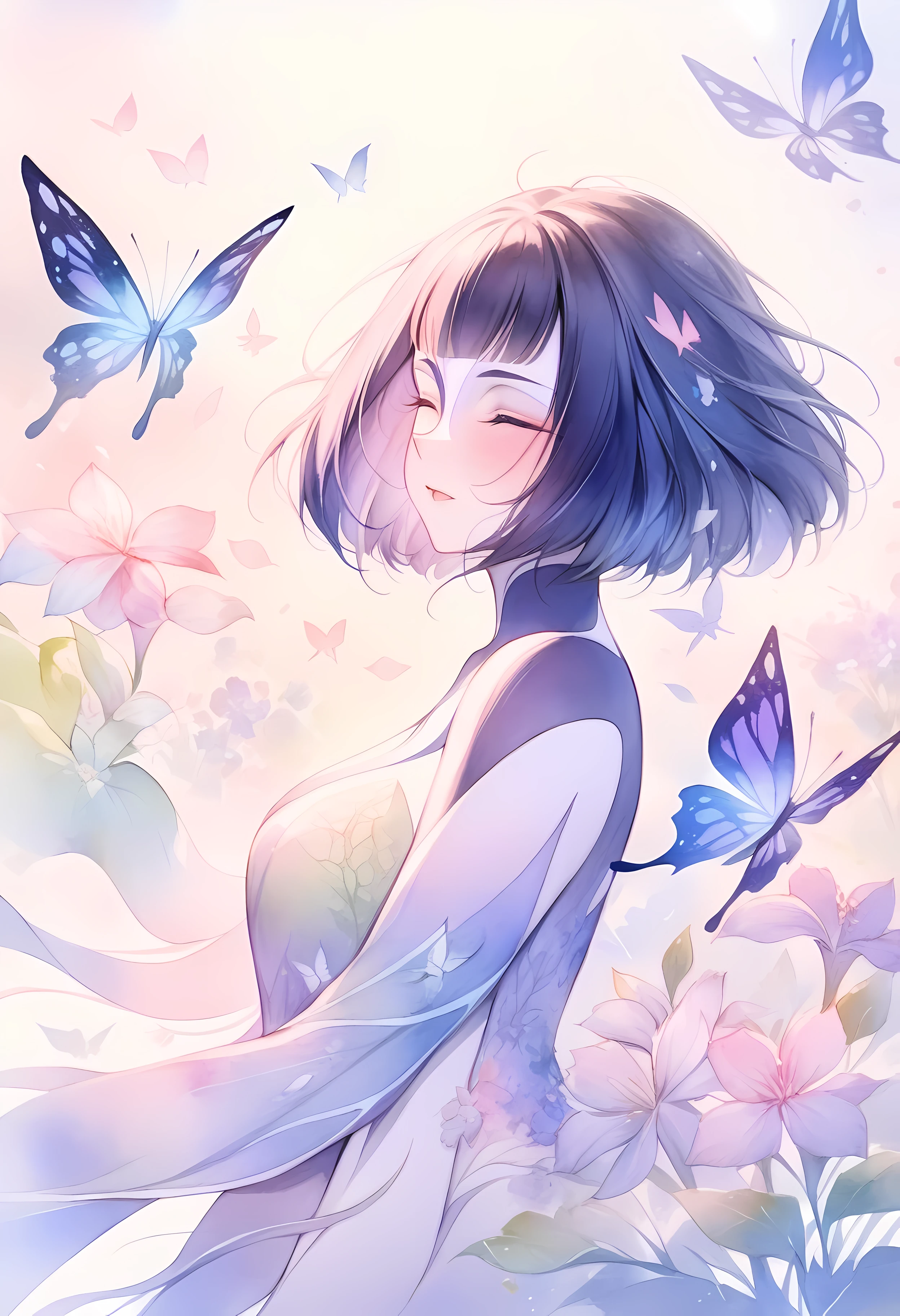 (shylily/(Twich/):1.5),(masterpiece:1.2),(best quality:1.2),, (1girl:1.3),(best quality,4k,8k,highres,masterpiece:1.2),ultra-detailed,watercolor,delicate flowers,butterflies,bright colors,subtle gradients,soft textures,ethereal beauty,flowing watercolor effects,detailed floral patterns,vibrant and lively,watercolor ink washes,light and airy,graceful butterfly wings,botanical,subtle blending of colors,natural elements,serene atmosphere,vibrant flora and fauna,colorful butterfly wings,subtle flower petals,graceful movements,watercolor splatters,harmonious composition,floating butterflies,splashes of color,loose brushstrokes,delicate and intricate details,flower blossoms,fluttering butterflies,dreamlike,wispy flowers,playful,blurred edges,subtle watercolor overlays.