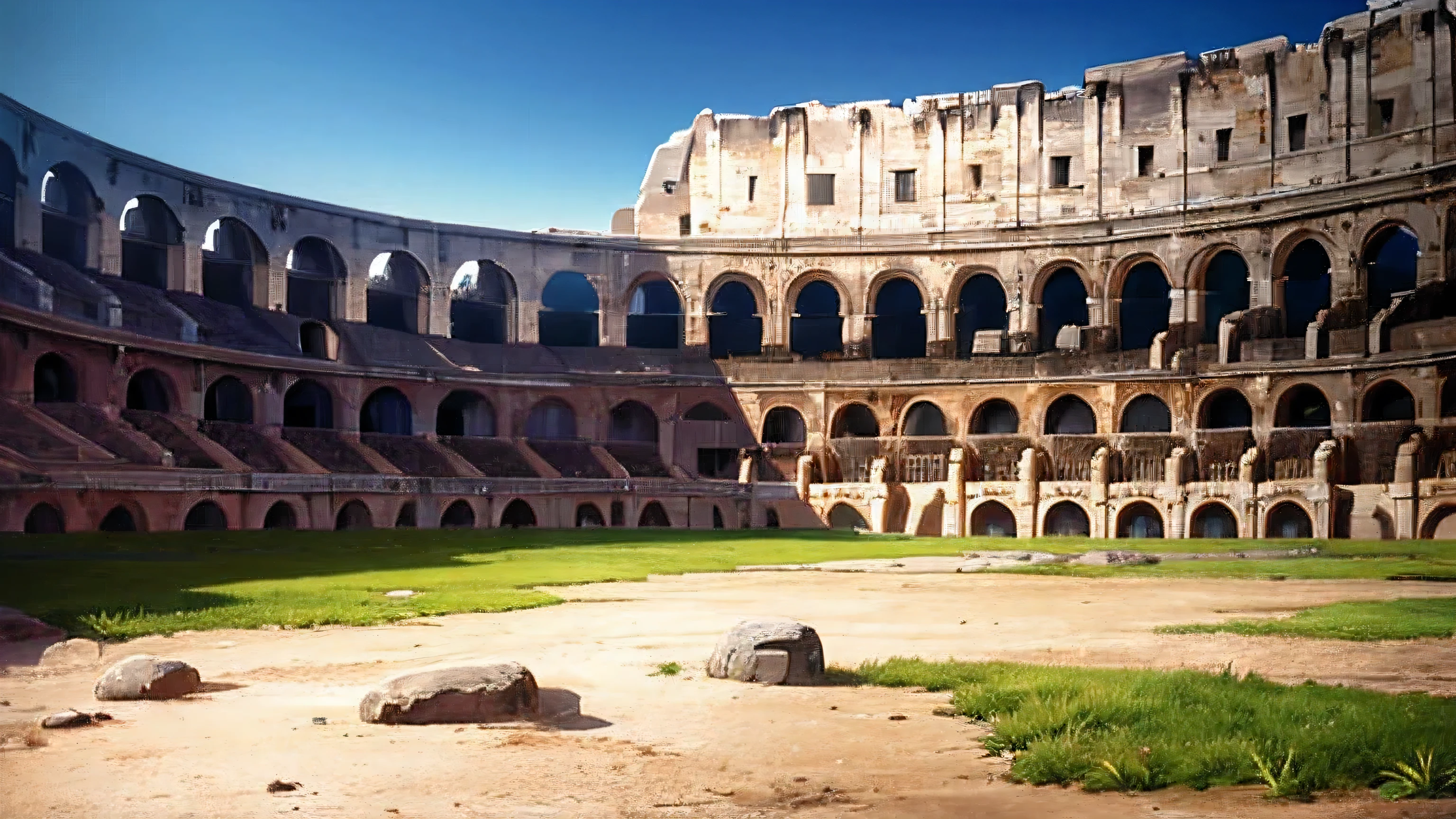 landscape, The Colosseum at dawn, Roman Army Group, Gladiator, epic, FOG, Stone, decoration, Gorgeous, detail, Dim Lights, Mountain, advertise, anime 4k
