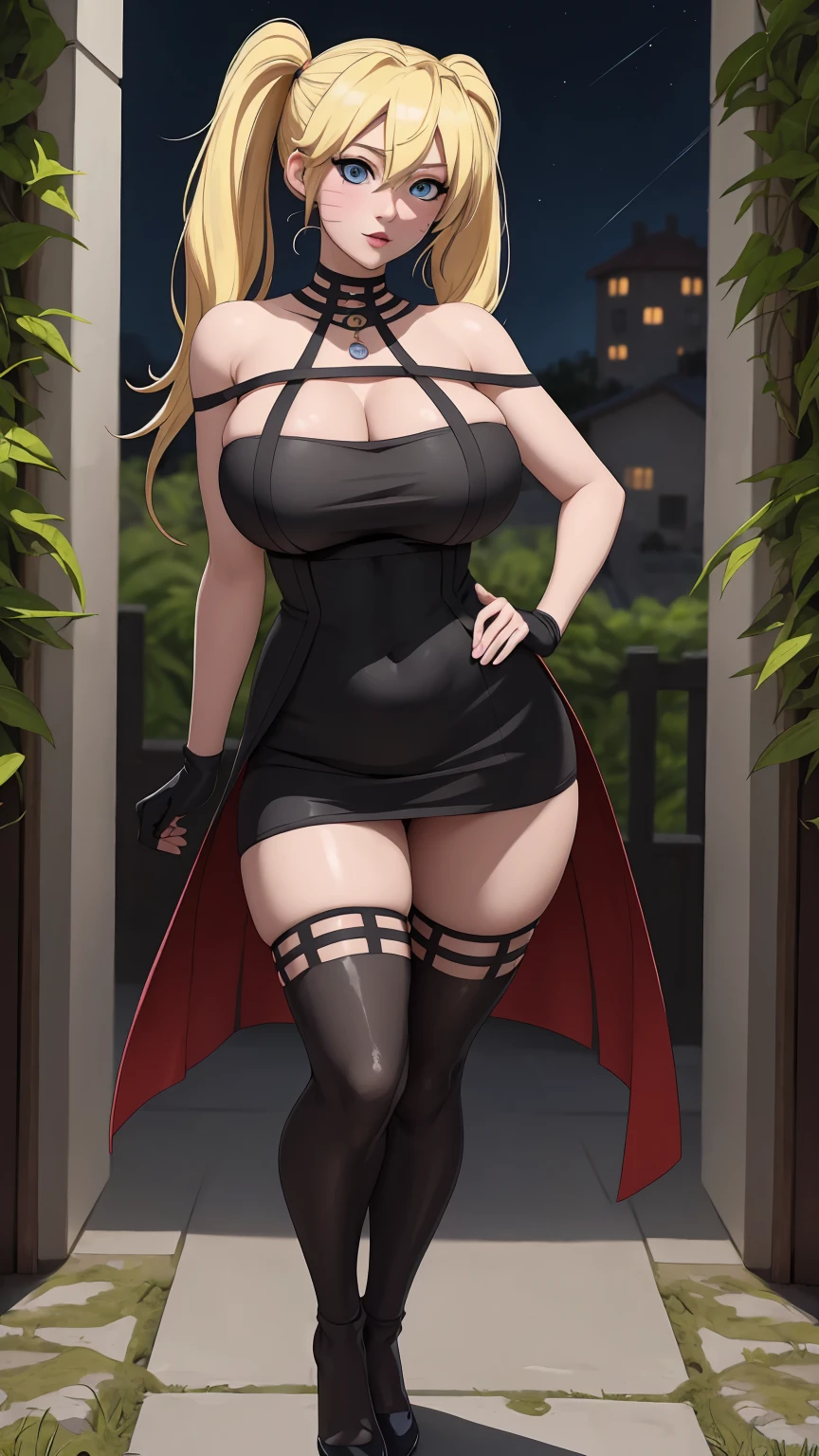 masterpiece, best quality, extremely detail 8k cg, high resolution, 1girl, narukouzumaki, twintails, wisker marks, blonde hair, blue eyes, perfect eyes, slim body, huge breasts, bursting breasts, standing, black dress, black thighhighs, black gloves, seductive face, outdoors, garden, night time, beautiful face, wide shot photo, full body