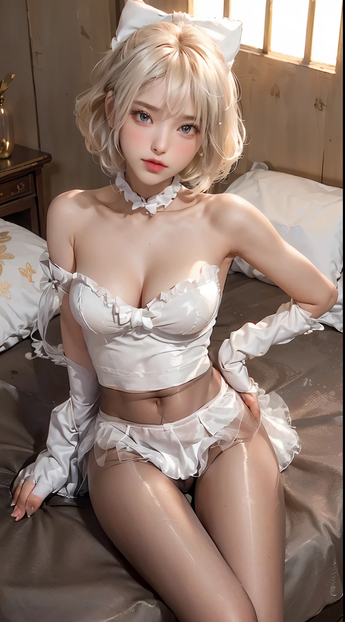 (((1 girl)),Ray Tracing,(bright lights),[Detailed background (office)),((blond)),((short hair)),(Fluffy Silver Hair, Busty and slim girl)) high ponytail)))) Avoid blonde eyes in the ominous 卧室 ((((女孩穿着精致刺绣的黑色高腰裤和Pantyhose) and white ruffled bow gloves), Show off your slender figure and beautiful curves, correct limb, Sitting on the bed,Big breasts,Deep cleavage,Pantyhose,miniskirt,Realistic Rendering,8K Ultra HD,High heel,