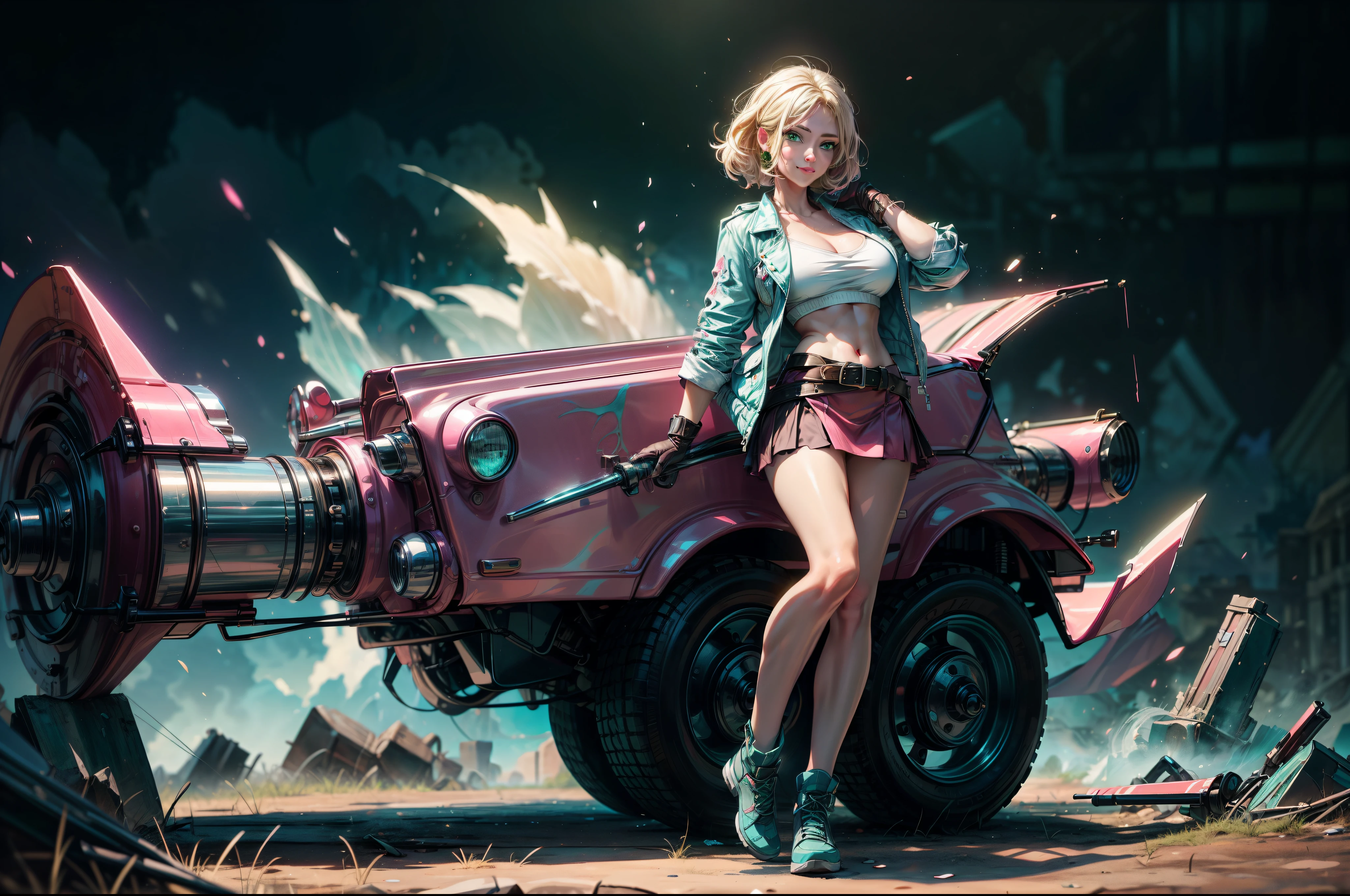 ((wide shot: 1.6)), Unreal Engine: 1.4, CG K ultra-realistic, photorealistic: 1.4, perfectly detailed skin texture: 1.4, ((artwork 1 young woman full body full: 1.5)), ((blonde hair, green eyes, full body lips and a sensual smile:1.5)), punk style hairstyle with shaved side:1.3, tattoos, Gatling gun, box, looking at viewer, pose dynamic and sensual, beating, ammunition belt, gloves, big breasts, shooting, Extremely detailed: 1.4, more detailed, optical mix, fun patterns, animated texture, unique visual effect, pink leather miniskirt:1.3, pink jacket:1.3, masterpiece, in the background an abandoned place with junk, ((colors, cyan, green, pink, brown: 1.2 )), ((8k realistic digital art)), 32k