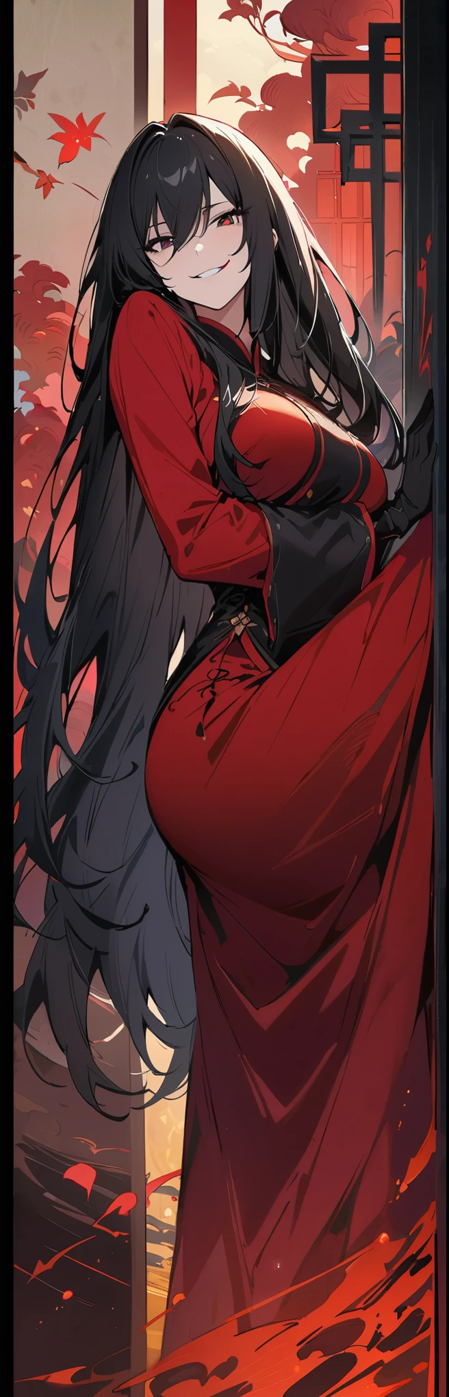 (((1 girl))), Beautiful woman, demon girl, yellow eyes, evil eyes, red horns, medium hair, bangs, perfect body, thick thighs, tight white dress, gray skin, evil smile, nighttime, black high stockings, red large boots, black hair, hair over shoulder, straight hair, devil pupils, devil eyes, anime style, perspective, wide shot, from below, (masterpiece, accurate, anatomically correct, high quality, best quality, detailed clothing, detailed skin),