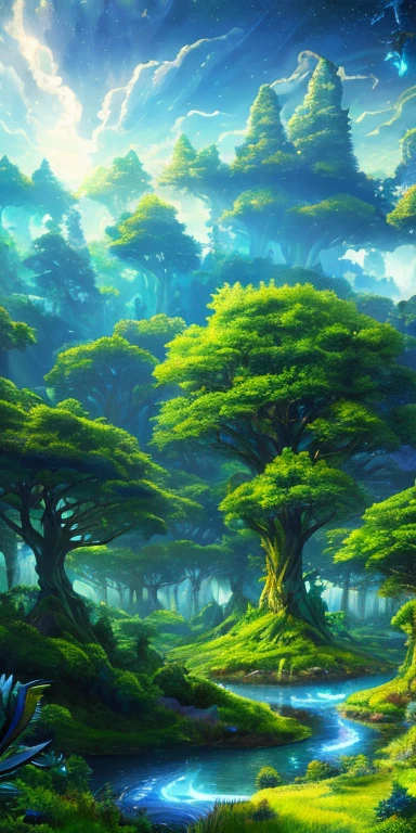 Illustration of a surreal, otherworldly, hyper sky scene including a giant crystal tree full body, highly detailed and magical lighting, intricate forest details, vegetation and surrounding river, solar punk, landscape, giant tree , beautiful green leaves, beautiful lighting and realistic proportions, as if this is a movie background, 8k, highest quality, masterpiece, clouds and stars in the sky.