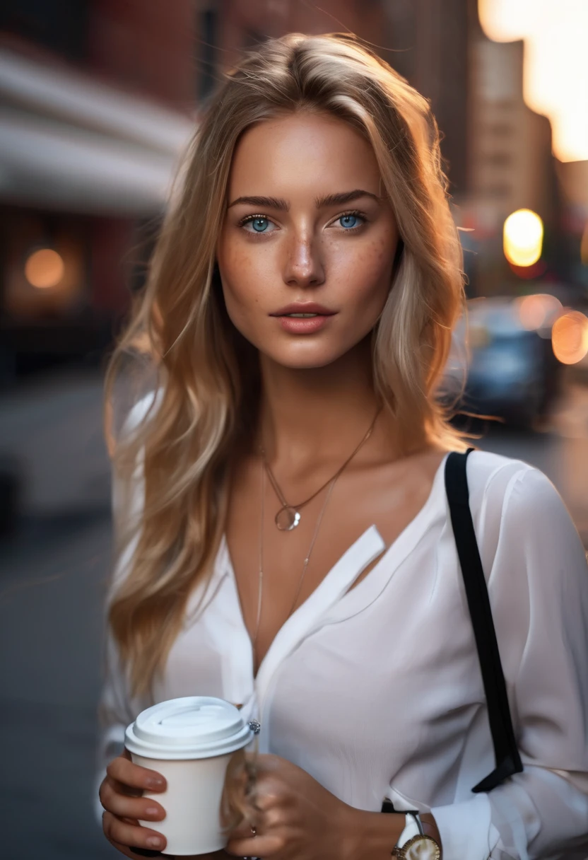 1girl, Blond young beautiful Sophie walks alone at evening in the sunset with her coffee in the streets of NewYork. She wears white blouse with necklace and black mini skirt. She looks fancy. Sunset lights. beautiful entviroment. Detailed blue and realistic eyes, her eyes looks amazing. She pierces the camera with a sexy look. Seductive looking, , niples, unperfect skin, Detailed hair and hands. Big beutiful . unperfect face she have some freckles, she is natural, RAW, 8K, Ultra realistic. professional photo shot, cinematic.