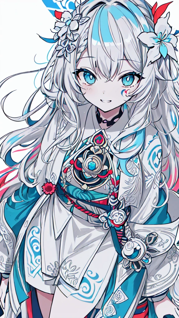 (monochrome), (lineart-style:1.3),(masterpiece, best quality, ultra detailed, ultra high resolusion, highres,8k:1.4), BREAK,(from front:1.5), 20_years_old, 1giri grin, close up face,(tribal_tatoo:1.2),(wavy hairs),(messy hair),(asymmetry bangs),(multicolored hair),
Tsurime Eyes, (((blue eyes))),
((flower hair ornament)),