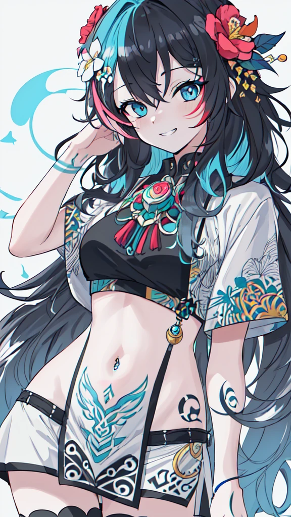 (best quarity,ultra detailed,ultra-high-resolution, absolutely resolution,8k, masterpiece), 20 years old,very-cute-and-beautiful-anime-girl,highly-detailed-face-and-eyes,grin,(bust-shot:1.4),(dark_skin:1.3),(tribal_tatoo:1.2),(Glossy Oceania Accessories:1.5),(wavy hairs),(messy hair),(asymmetry bangs),(multicolored hair),(blue eyes:1.3),(short-pants-bikini),deep-jungle,toropical flowers,