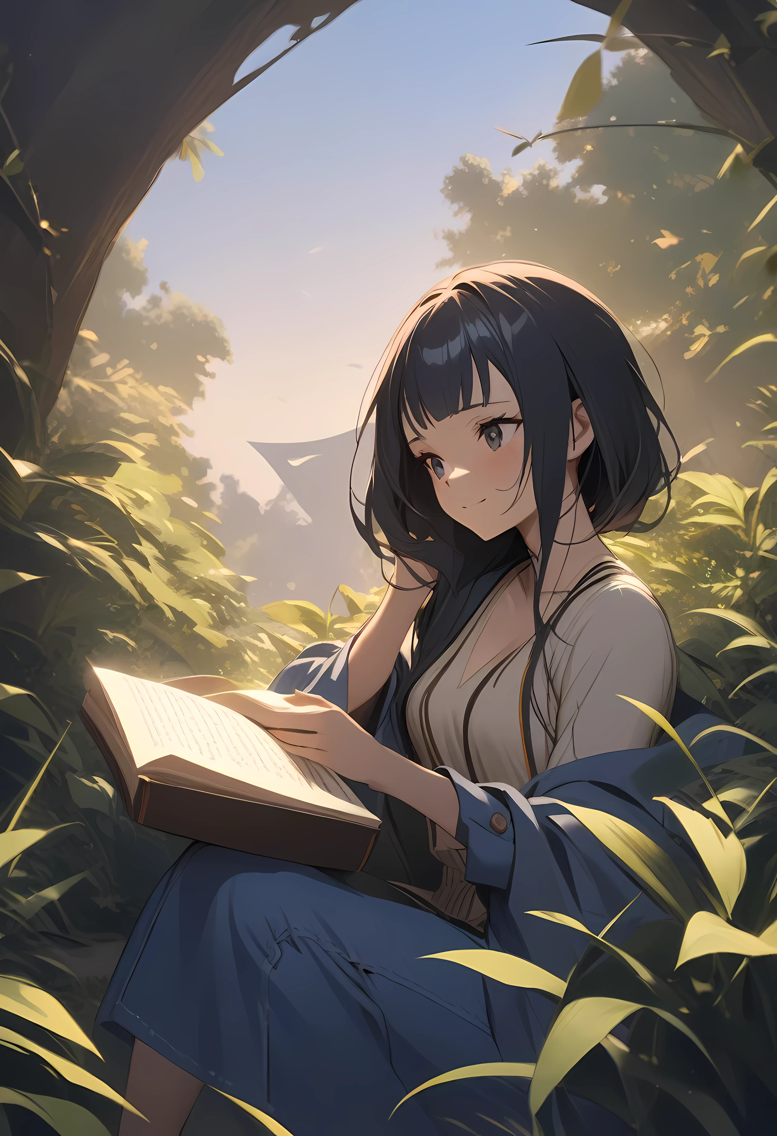 (shylily/(Twich/):1.5),(masterpiece:1.2),(best quality:1.2),, (1girl:1.3),best quality:1.2,ultra-detailed,portrait,blue denim jeans,beige top,smiling girl singing under a tree,reading a brown book-auto surreal