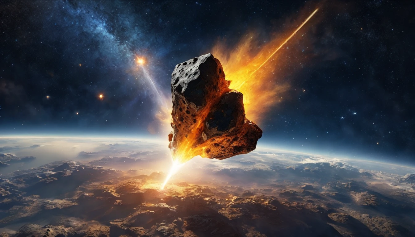 (best quality, 4k, 8k, high resolution, masterpiece: 1.2), ultra detailed, (realistic, photorealistic, photorealistic: 1.37), a meteorite flying through space. The meteorite is orange and yellow in color and leaves a trail of light behind it. The background is a deep blue with stars and nebulae scattered throughout. The overall mood of the image is dramatic and amazing.