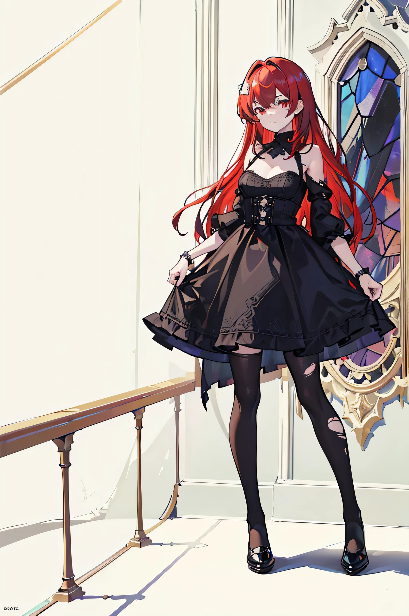 extremelydetailedwallpaper, Ultra-detailed details, detailed shadow, very precise detail, Extremely detailed 8k wallpaper, very fine 8KCG wallpapers,An old abandoned church. The girl who is standing. Her black dress was torn and stained in some places. red hair was long and fluffy. Light enters through cracked stained glass windows.