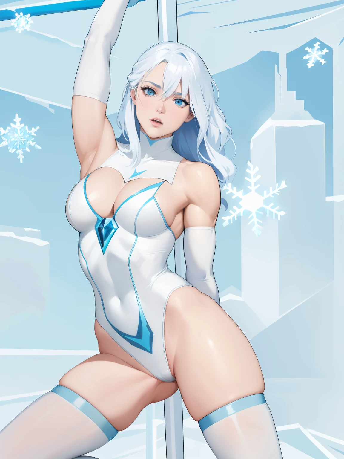 “A muscular man, shirtless, in a Kirbywood style, with vintage color comics, showcasing sharp focus, hi-res details, and intricate features, creating a masterpiece at 8k quality.” Arctic Frost Ranger: A suit featuring icy blue and frosty white hues, accented with snowflake patterns and frost crystals. This Ranger commands the power of ice and cold, with abilities such as creating blizzards, forming ice constructs for defense, and freezing enemies in their tracks. Frostbite Ranger: A suit with icy blue and white colors, like snow and ice. This Ranger can freeze enemies with ice blasts, create protective ice shields, and summon blizzards to slow down foes.