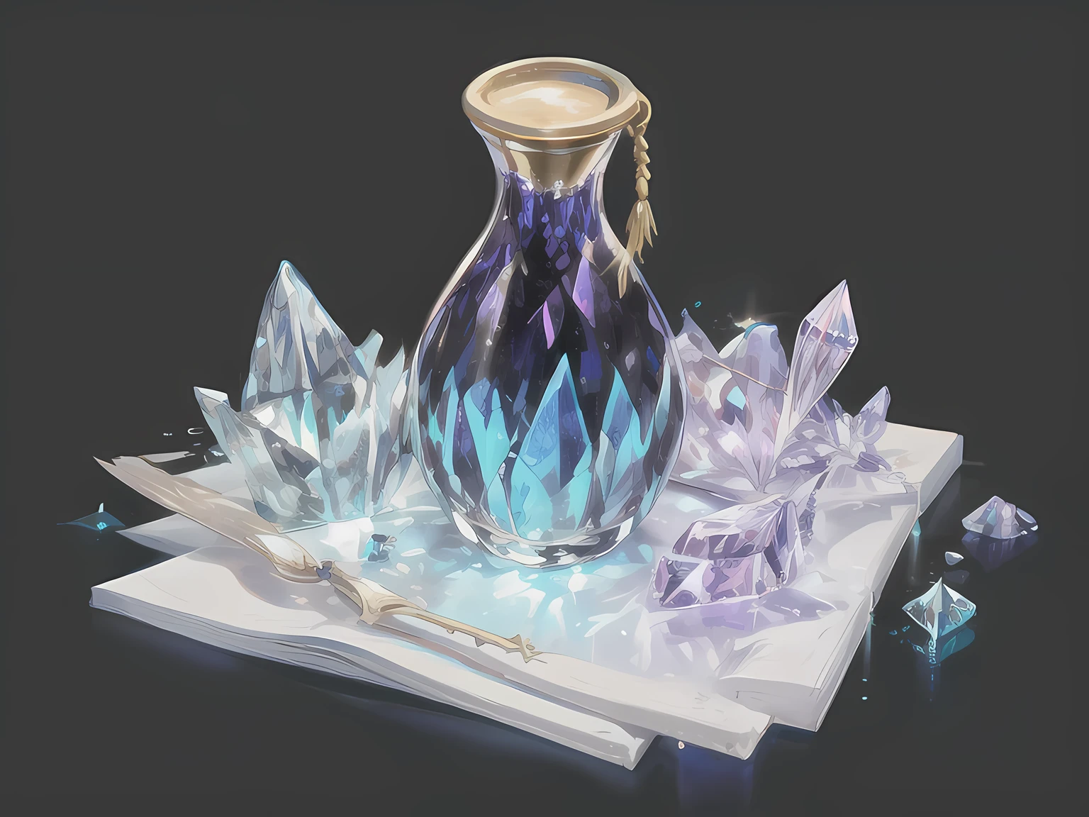 Large crystal bottle, Crystal shape, Glass , Purple and blue liquid, diamond, Sketch style, simple, blue crystals,Marble texture multicolored colors,Golden background,correct
