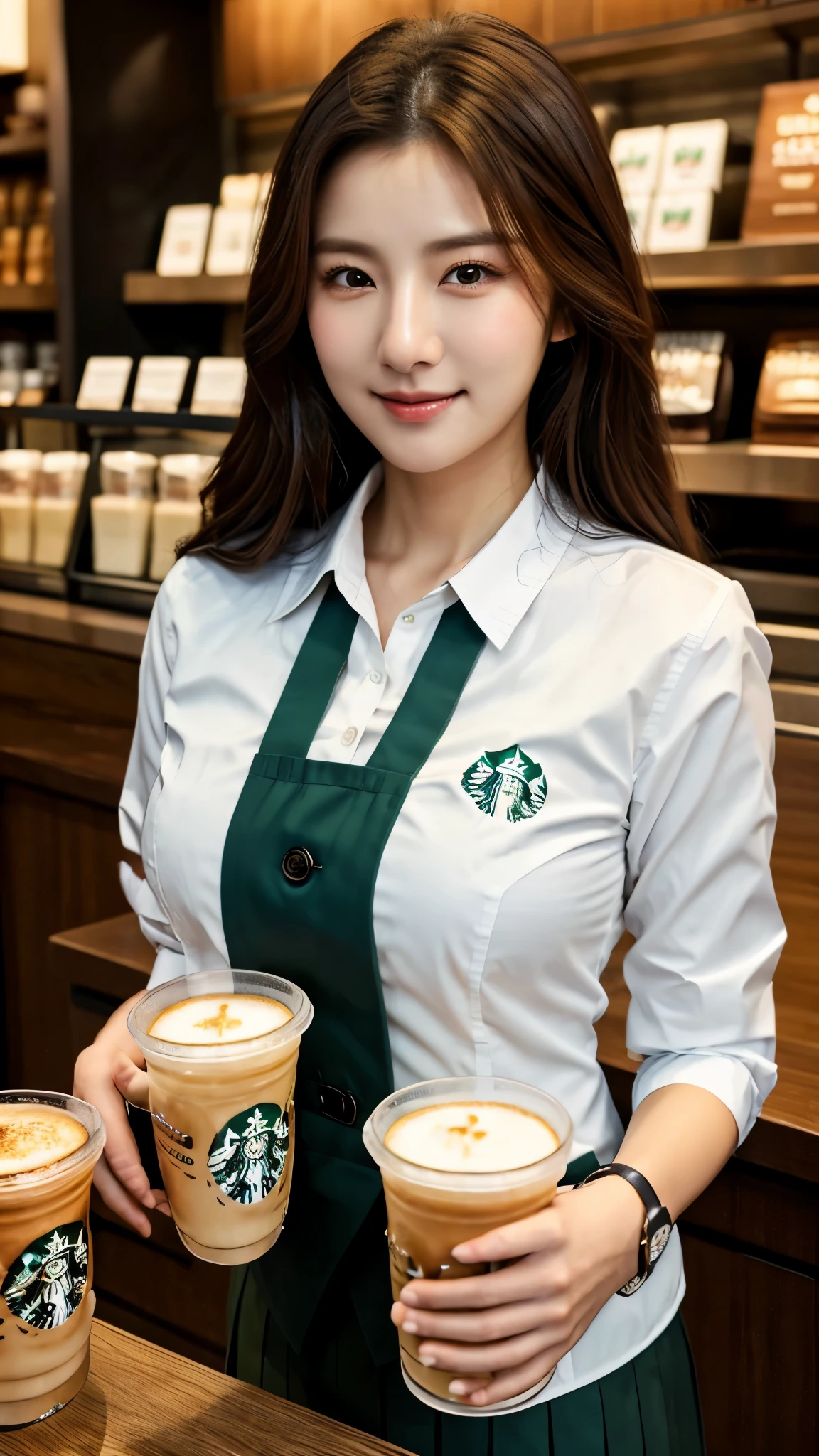 close-up of beautiful korean female, 34 inch breasts size, wearing Starbucks coffee uniform, holding tray of coffee mug, menu board in background, UHD