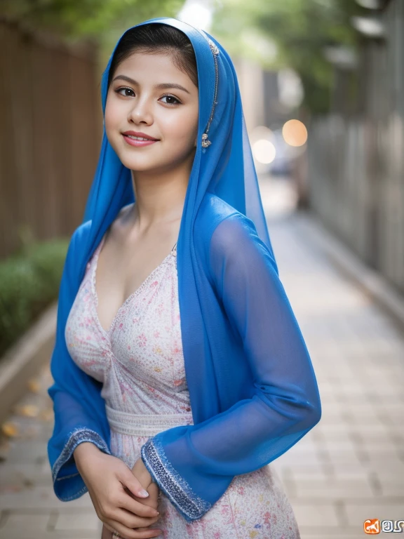 Beautiful, cute baby Face, 16 Years old Selena Gomez, (wearing blue hijab), full hijab, sexy long sleeves kebaya dress, slightly Chubby , White Skin, Smiling, ???? studio Background, day light,mid shot, full body, Perfect Potrait, Bokeh Effect, Look at Viewer, small breast, ((adorable:1.2)), ((masterpiece:1.1)), ((bokeh:1.2)), buttocks,(naughty seductive poses)