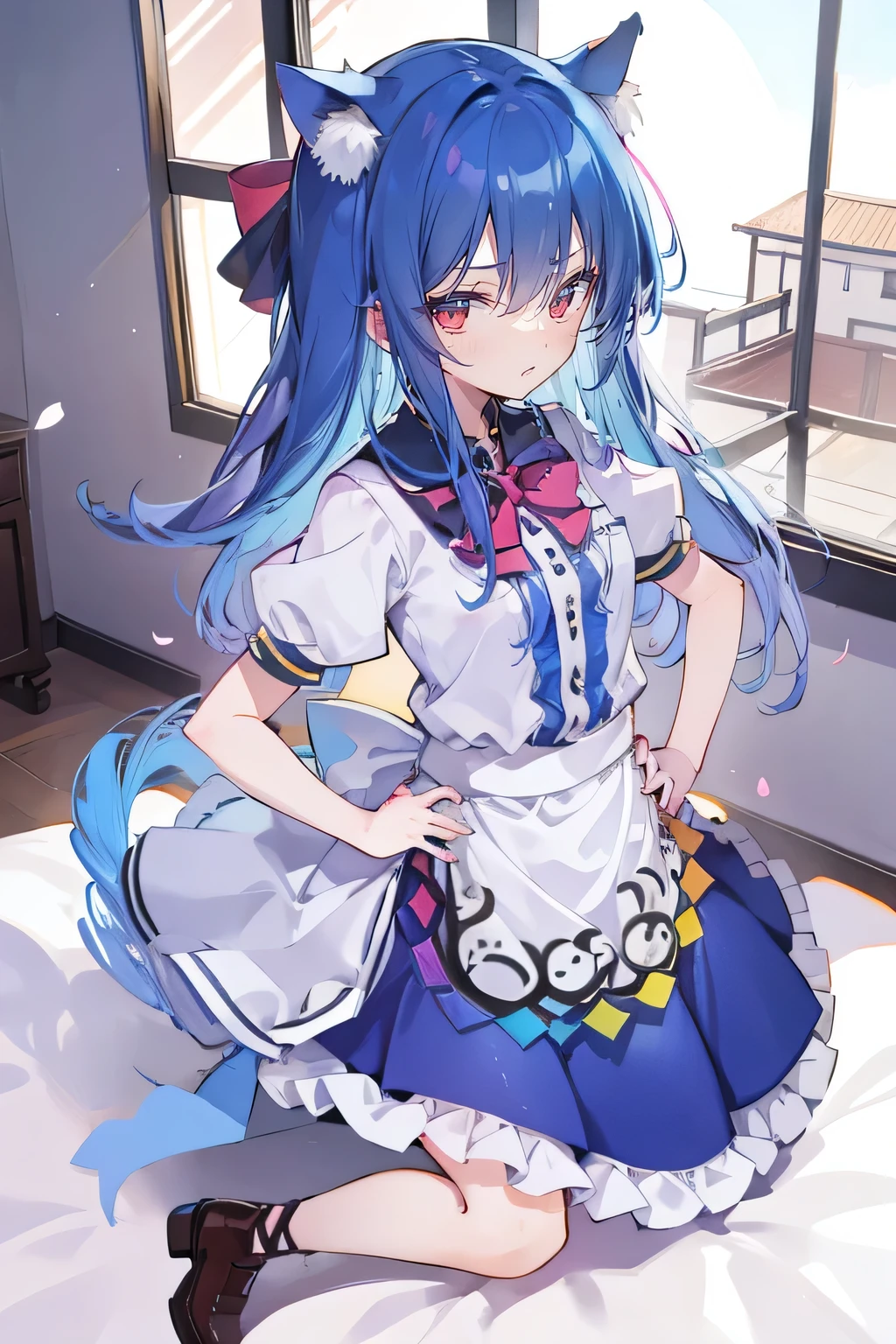 (masterpiece),best quality, expressive eyes, perfect face, 1girl,
Put your hands on your waist,fair, Gorgeous,Japanese cartoons,girl,lola,Hina Angel, blue hair, blue haired, floating clothes,Grab your waist, Grab your waist, hands on hips , hands on hips,sit, sit on ground, Legs on the ground, flat chest,cat ears,Petals fall,Sitting in the summerhouse,summerhouse,