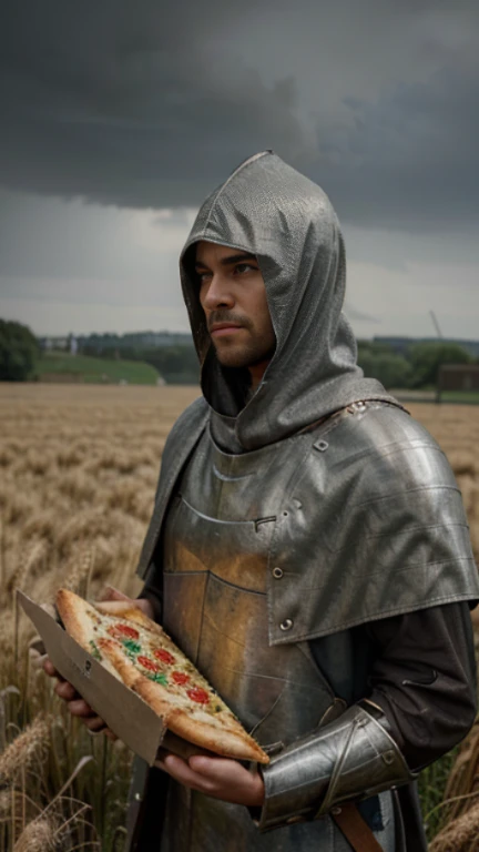 Field of wheat, in heavy rain. Wheat looks grey, shrivelled wheat stalks, Male medieval knight (ring mail), poor, ragged clothing, wet clothes (shield with pizza slice emblem)