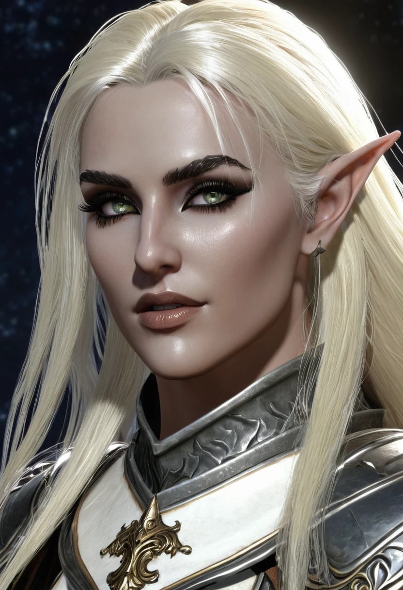 Everquest evil elf ,white eyebrows, eyelashes, curved mouth expression, smooth skin, long luscious platinum blonde hair, long detailed goatee, full detailed body, detailed necromancer paladin armor, fantasy two handed claymore, fantasy dnd at night full moon light