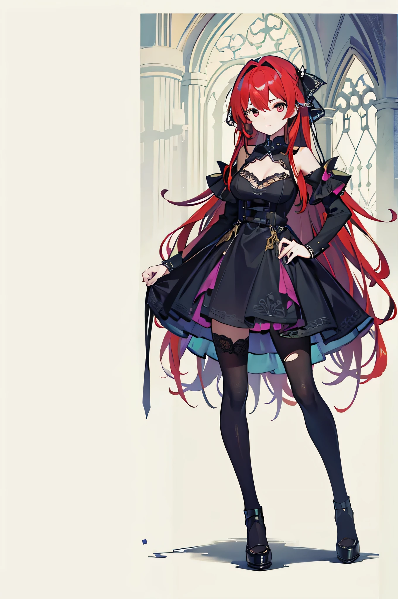extremelydetailedwallpaper, Ultra-detailed details, detailed shadow, very precise detail, Extremely detailed 8k wallpaper, very fine 8KCG wallpapers,An old abandoned church. The girl who is standing. Her black dress was torn and stained in some places. red hair was long and fluffy. Light enters through cracked stained glass windows.